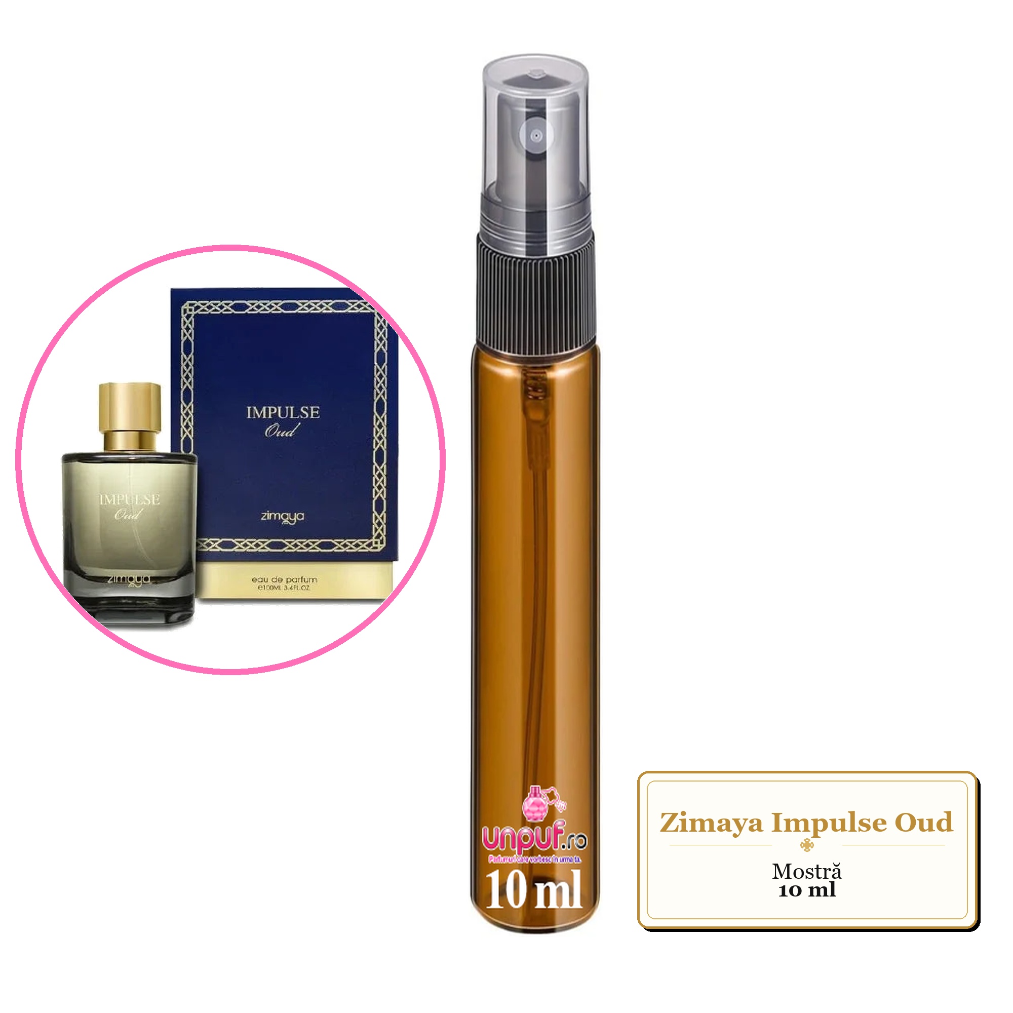 Mostra fiola din Parfumul Zimaya Impulse Oud, decant sticla cu pulverizator 