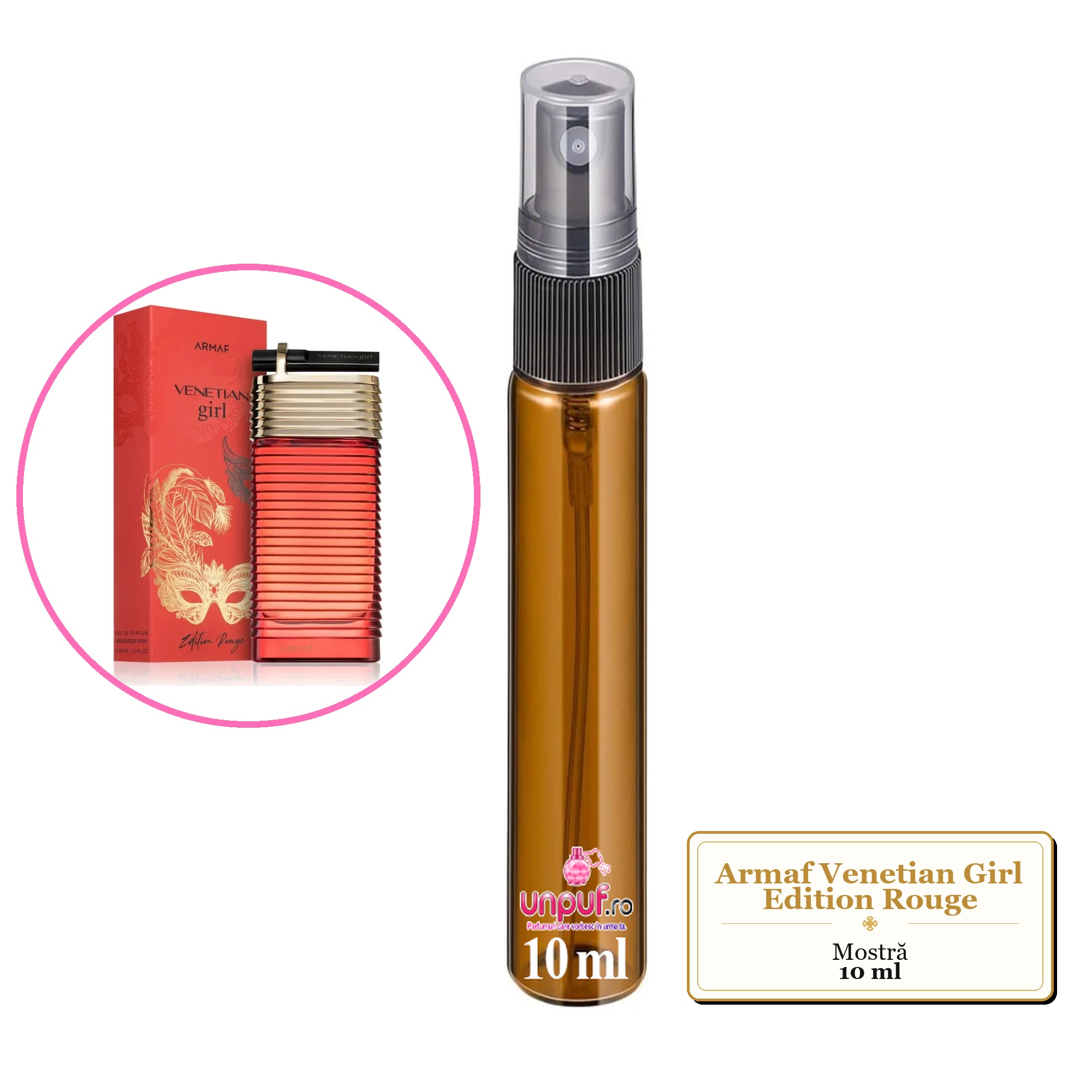 Mostra fiola din Parfumul Armaf Venetian Girl Edition Rouge, decant sticla cu pulverizator 