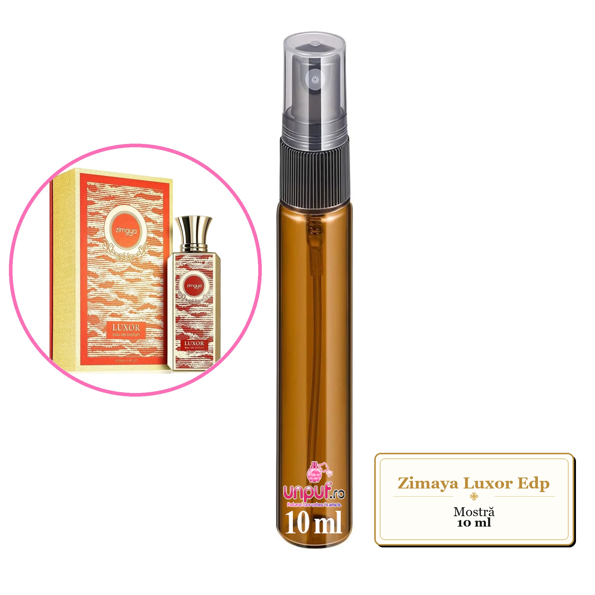 Mostra fiola din Parfumul Zimaya Luxor Edp, decant sticla cu pulverizator 