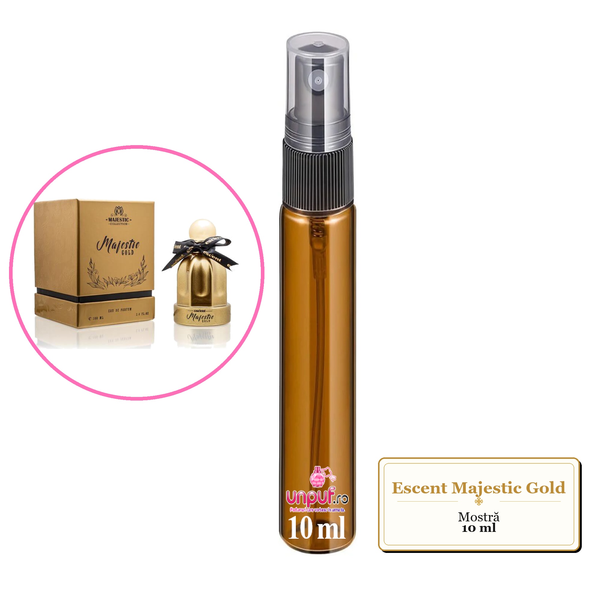 Mostra fiola din Parfumul Escent Majestic Gold, decant sticla cu pulverizator 