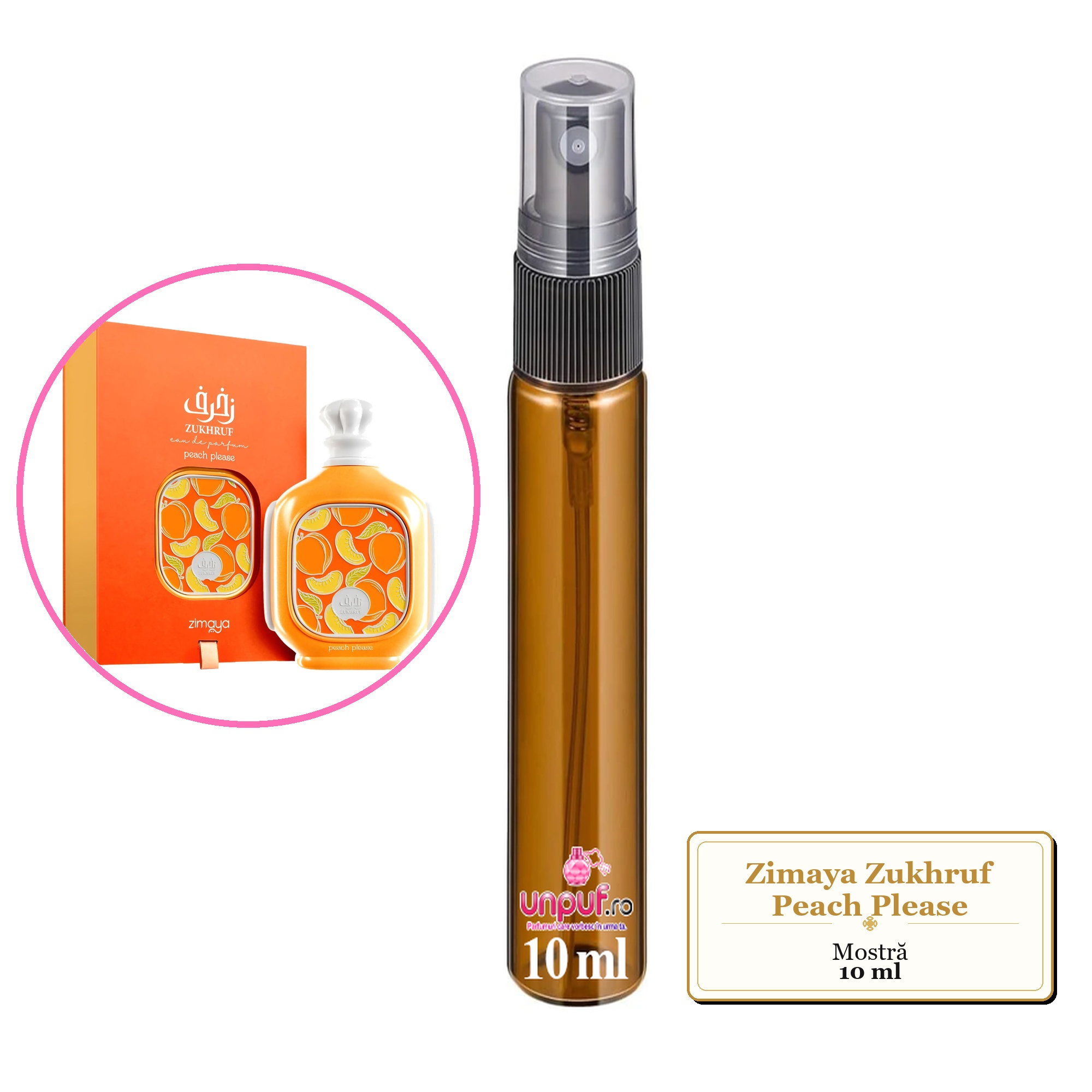 Mostra fiola din Parfumul Zimaya Zukhruf Peach Please, decant sticla cu pulverizator 