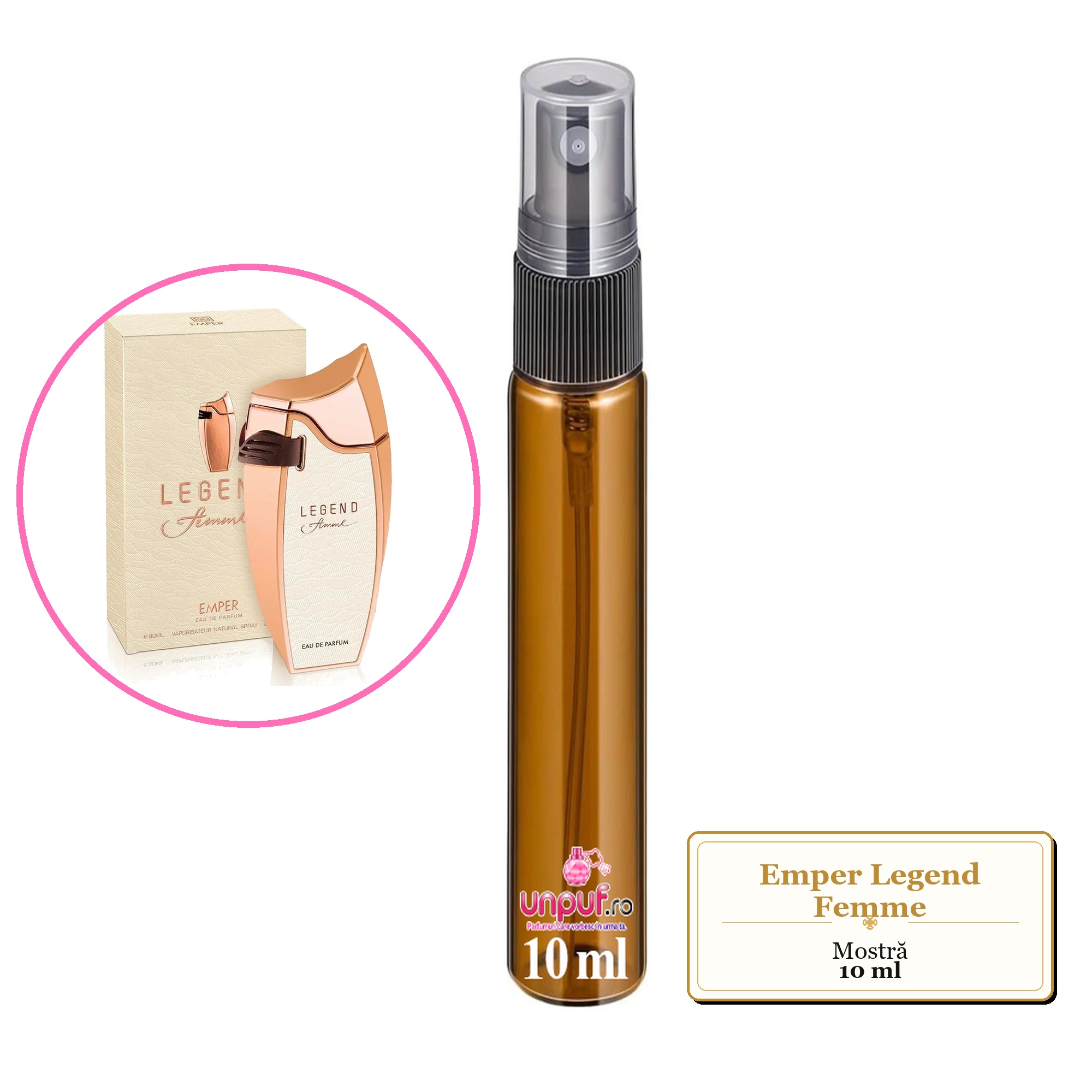Mostra fiola din Parfumul Emper Legend Femme, decant sticla cu pulverizator 