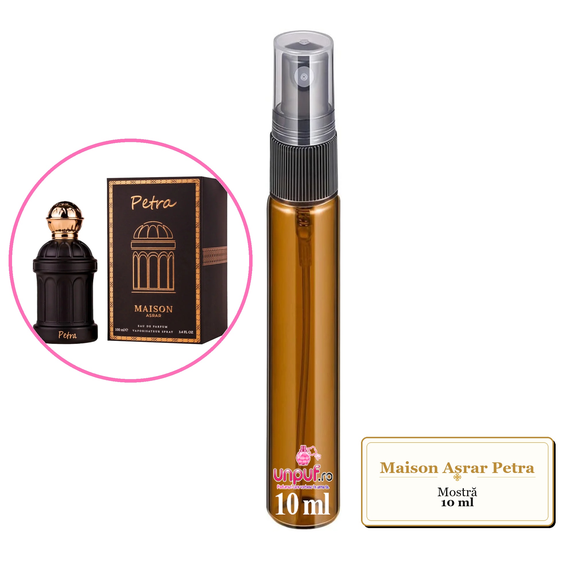 Mostra fiola din Parfumul Maison Asrar Petra, decant sticla cu pulverizator