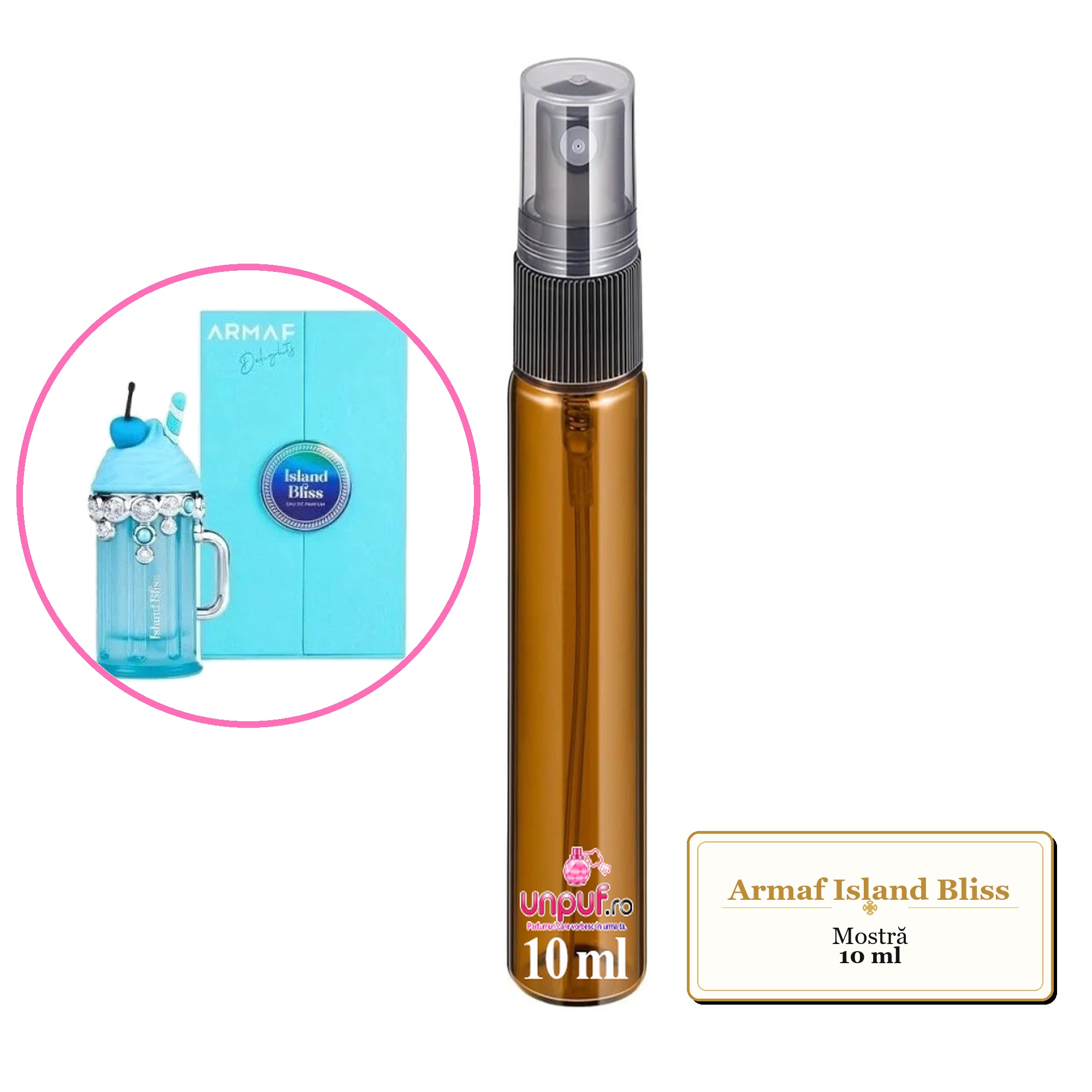 Mostra fiola din Parfumul Armaf Island Bliss, decant sticla cu pulverizator