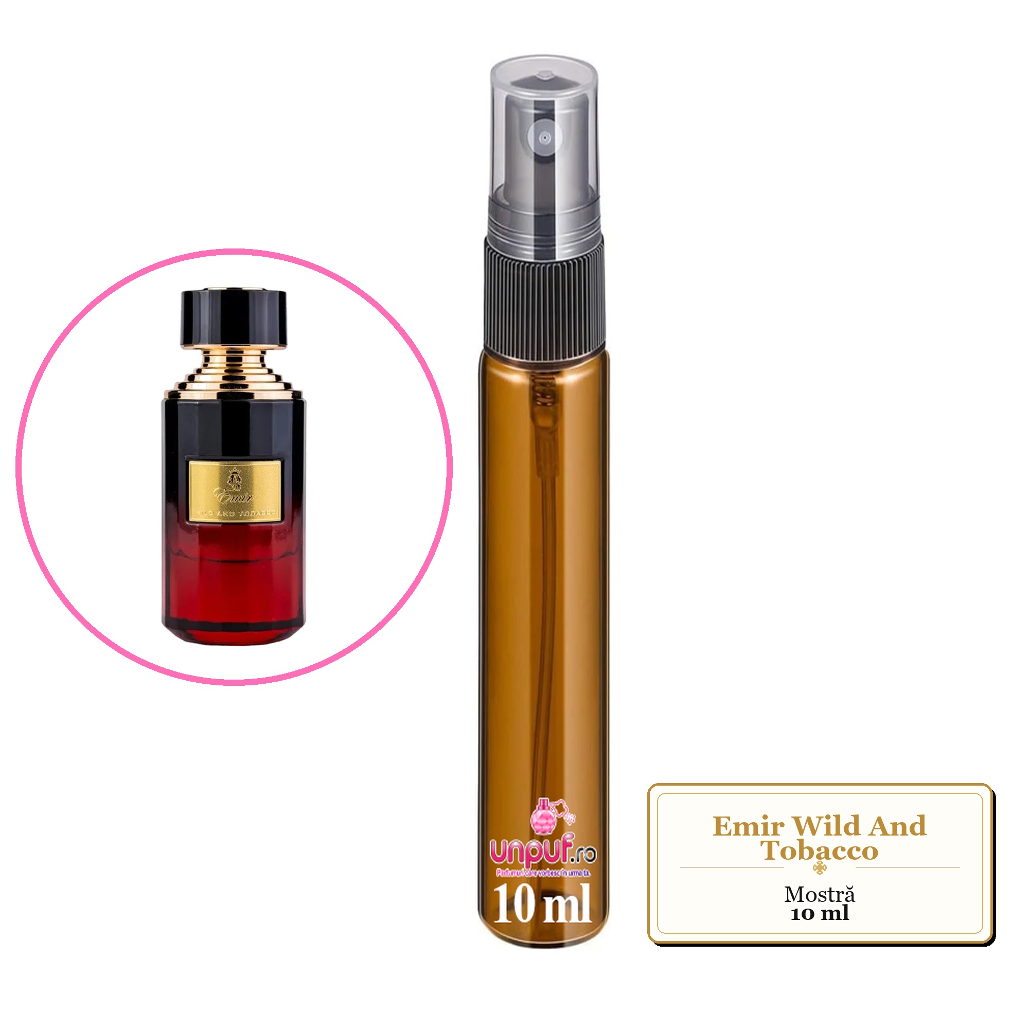 Mostra fiola din Parfumul Emir Wild And Tobacco, decant sticla cu pulverizator 