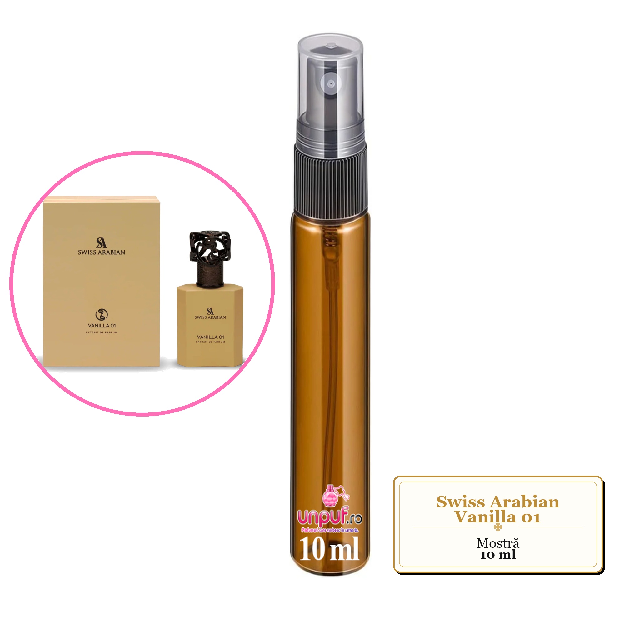 Mostra fiola din Parfumul Swiss Arabian Vanilla 01, decant sticla cu pulverizator 