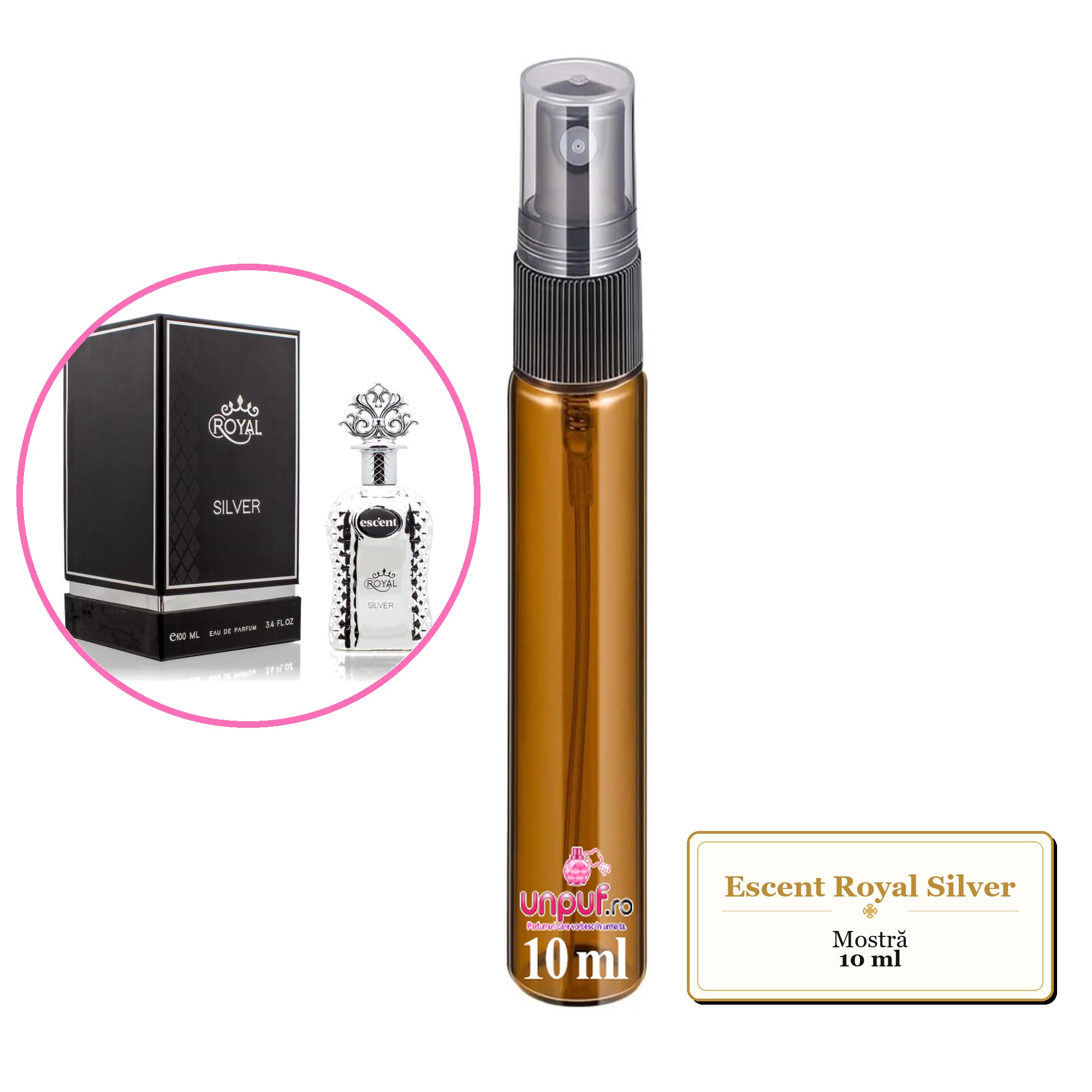 Mostra fiola din Parfumul Escent Royal Silver, decant sticla cu pulverizator 