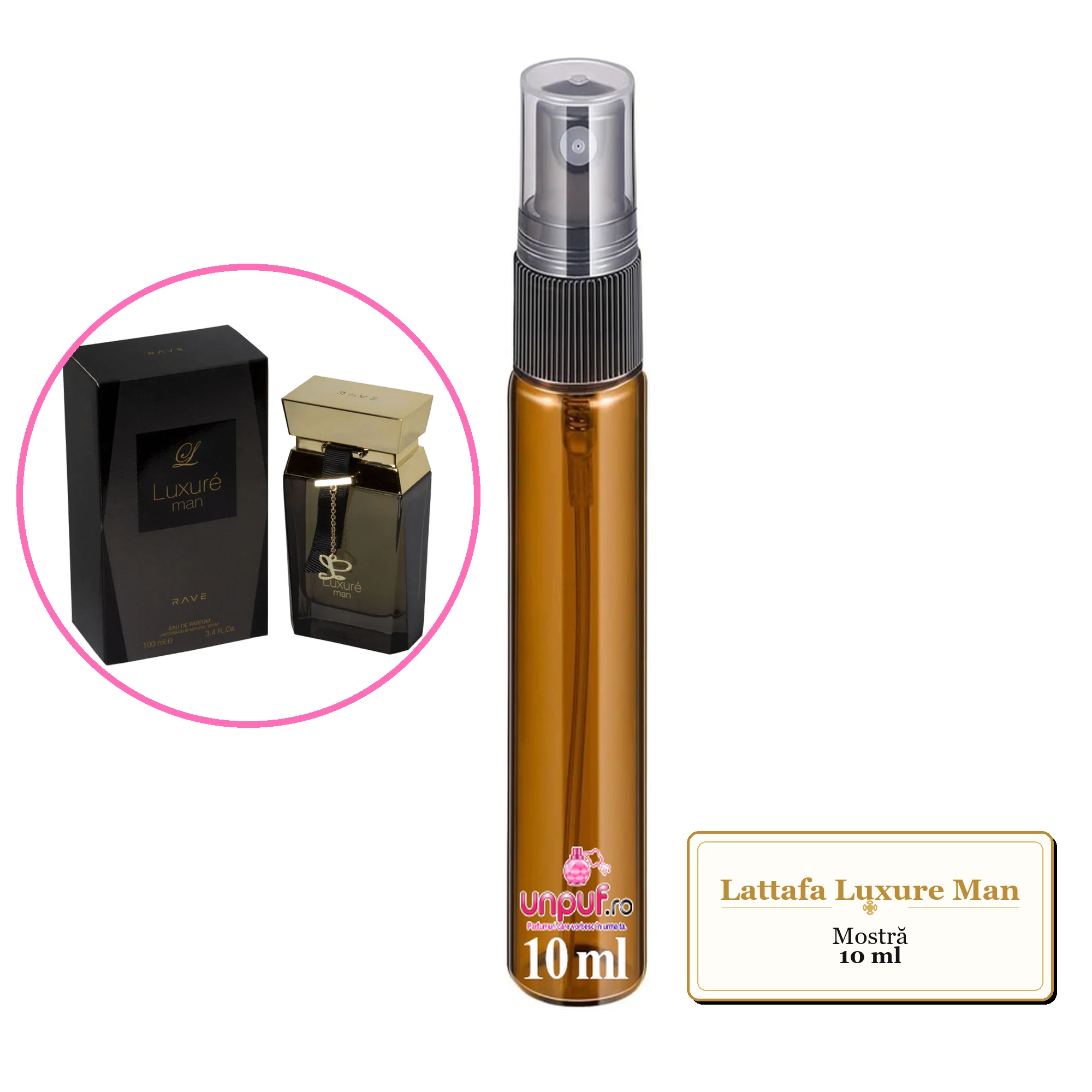 Mostra fiola din Parfumul Lattafa Luxure Man, decant sticla cu pulverizator 