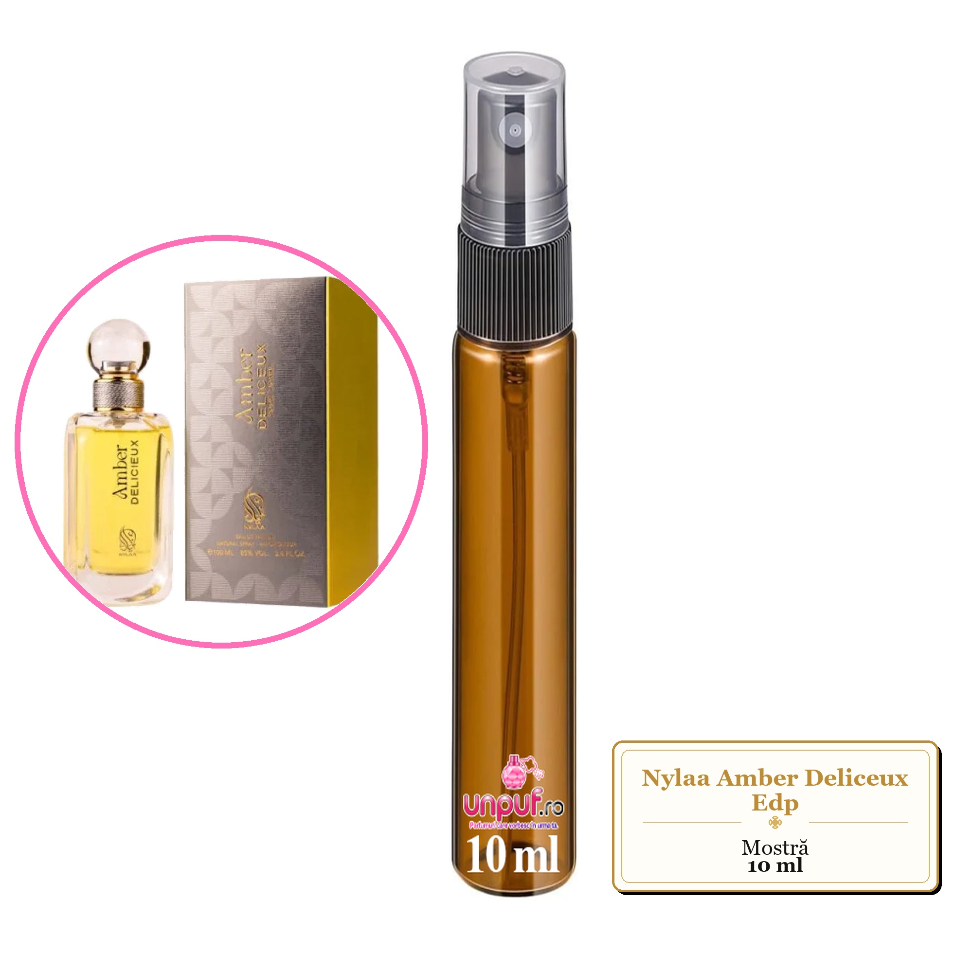 Mostra fiola din Parfumul Nylaa Amber Deliceux Edp, decant sticla cu pulverizator 