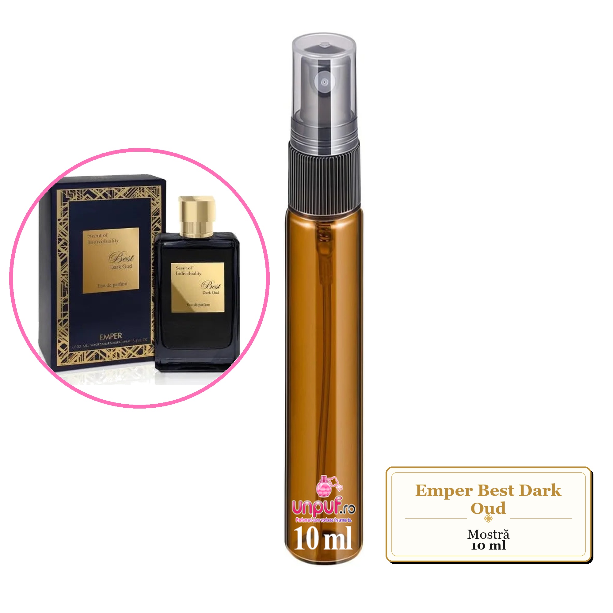 Mostra fiola din Parfumul Emper Best Dark Oud, decant sticla cu pulverizator 