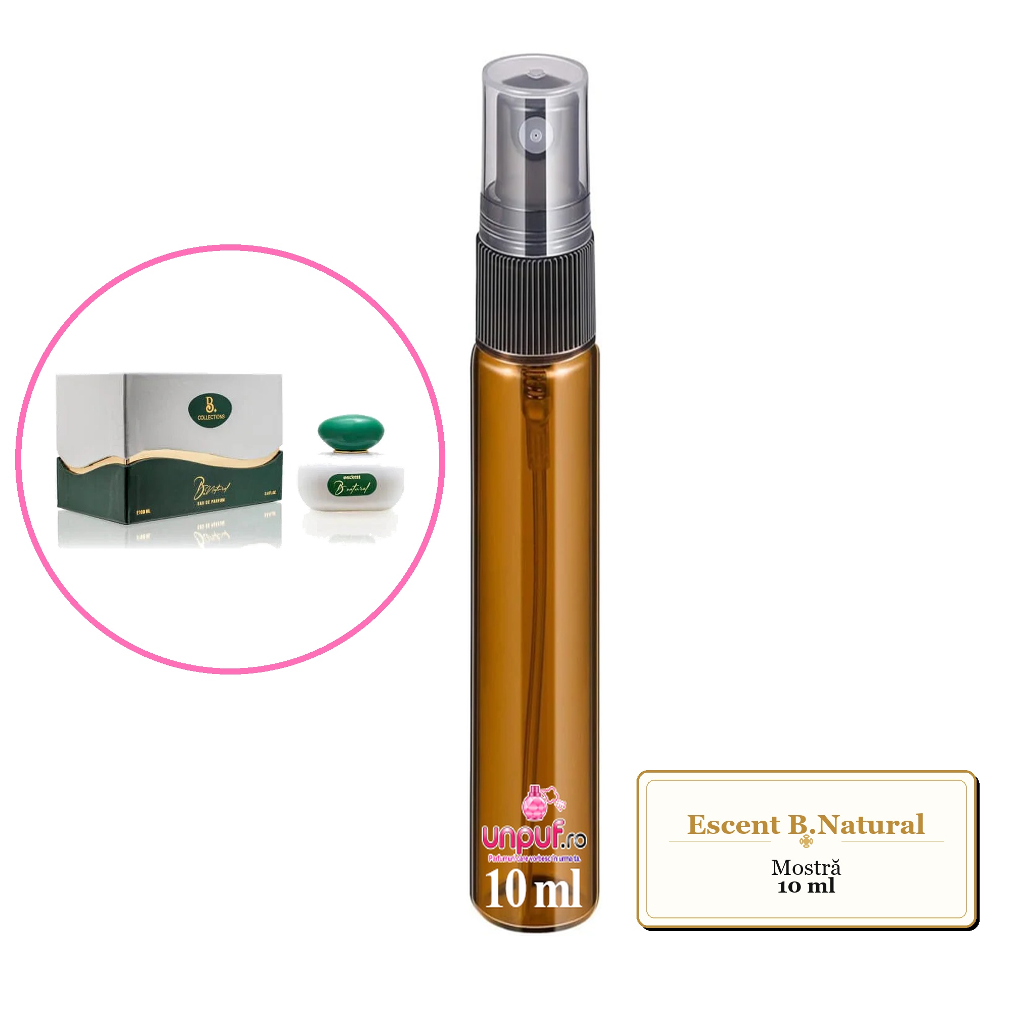 Mostra fiola din Parfumul Escent B.Natural, decant sticla cu pulverizator 