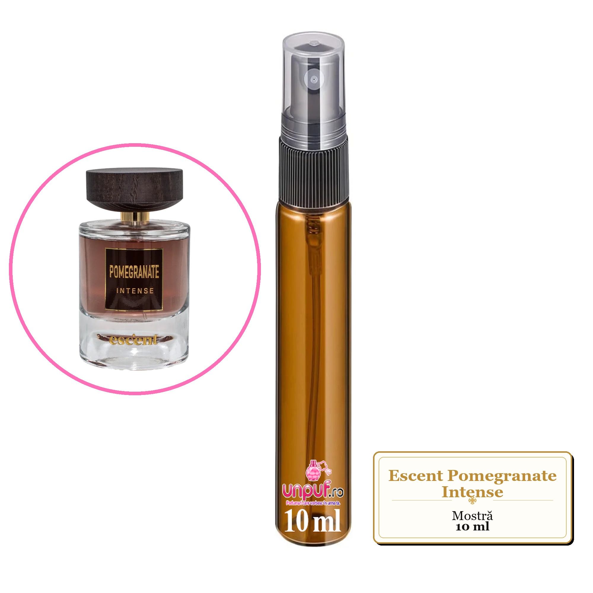 Mostra fiola din Parfumul Escent Pomegranate Intense, decant sticla cu pulverizator 