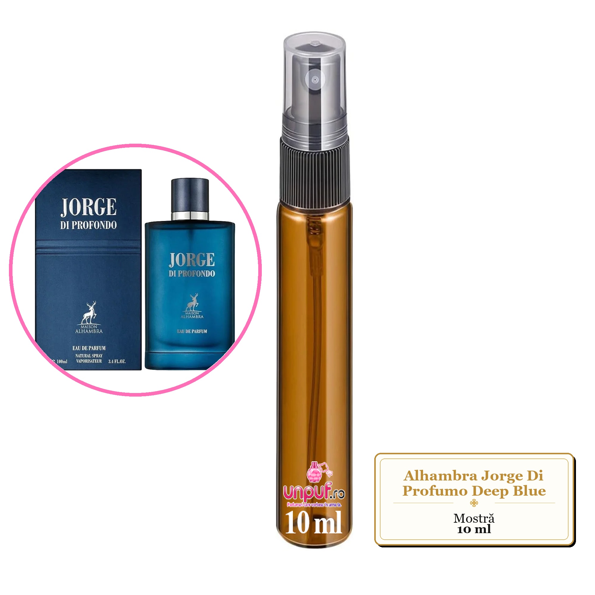 Mostra fiola din Parfumul Alhambra Jorge Di Profumo Deep Blue, decant sticla cu pulverizator