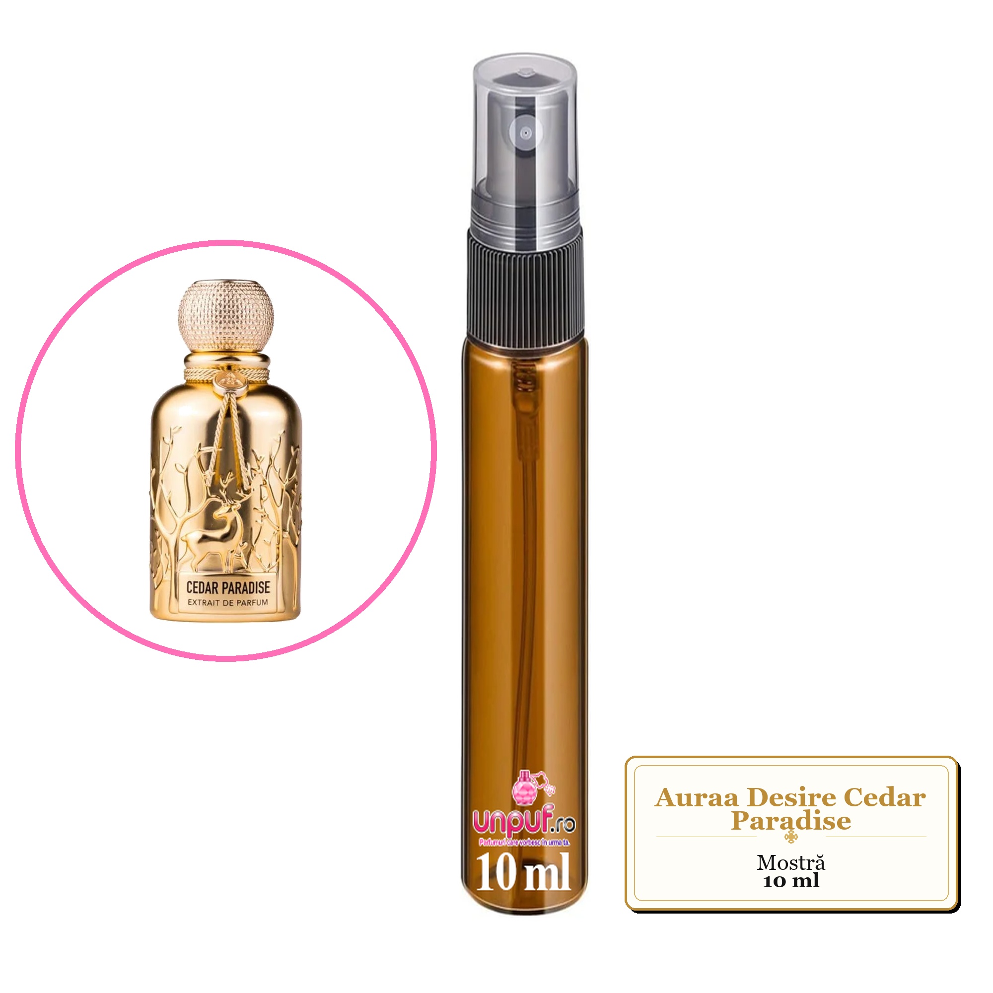 Mostra fiola din Parfumul Auraa Desire Cedar Paradise, decant sticla cu pulverizator 