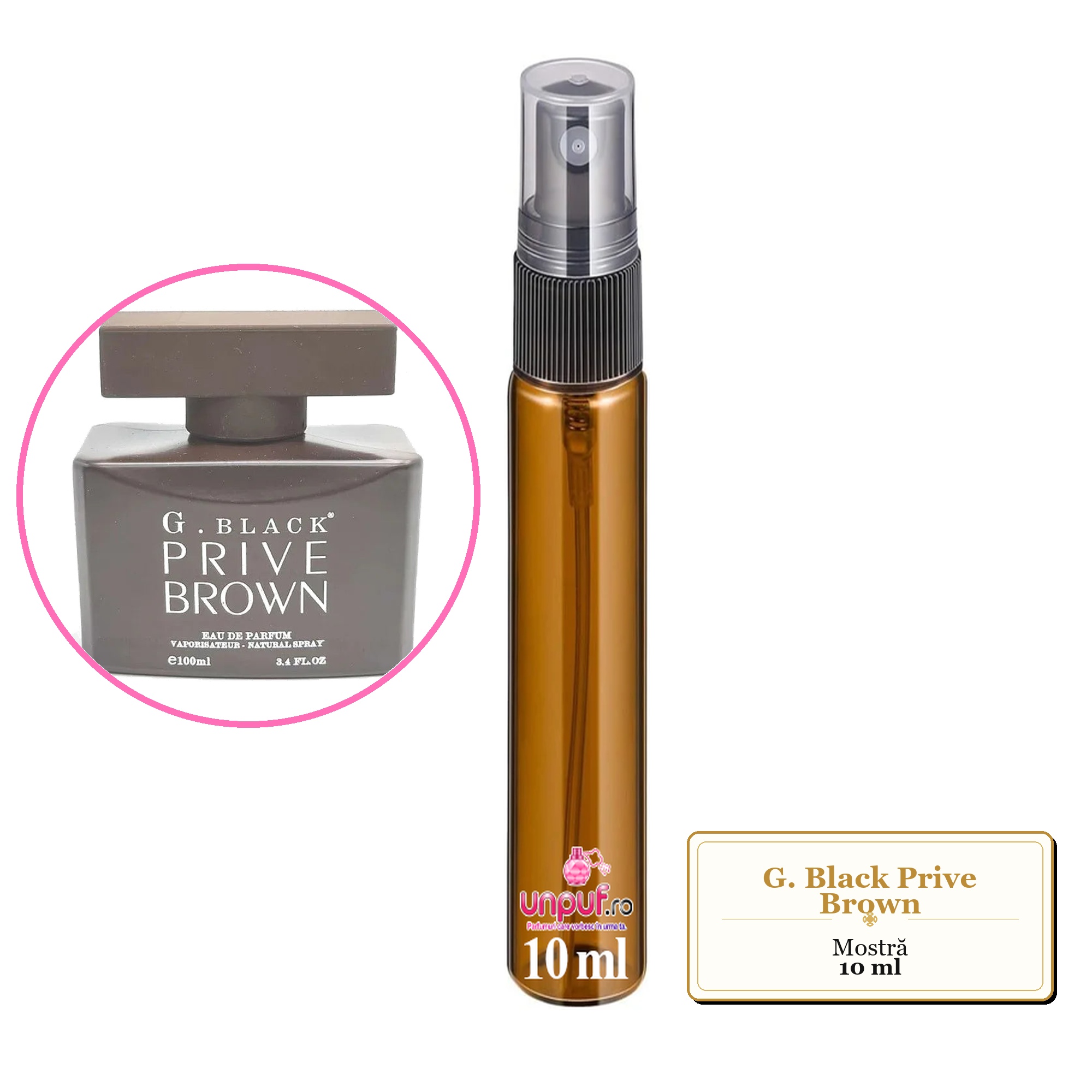 Mostra fiola din Parfumul G. Black Prive Brown, decant sticla cu pulverizator