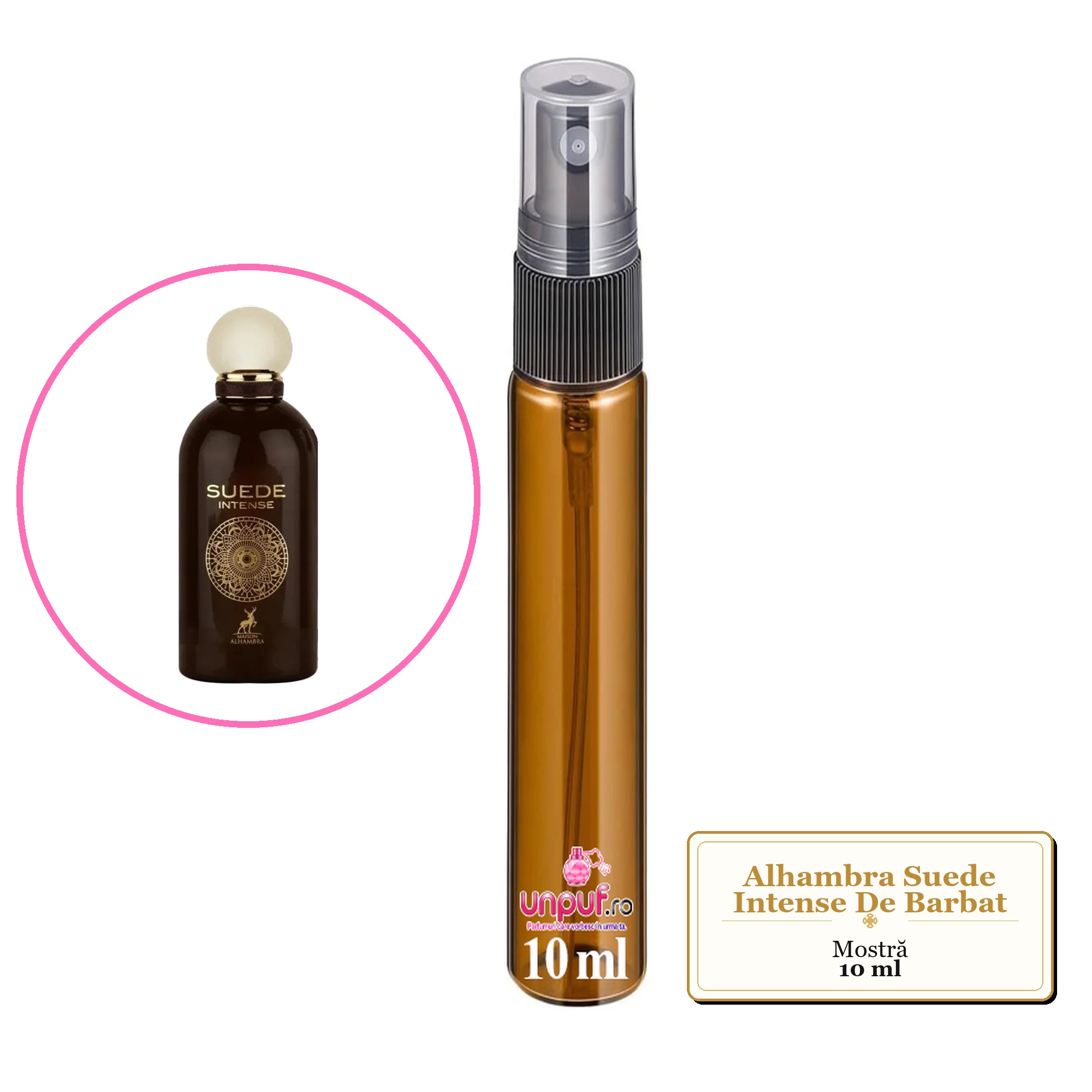 Mostra fiola din Parfumul Alhambra Suede Intense De Barbat, decant sticla cu pulverizator 