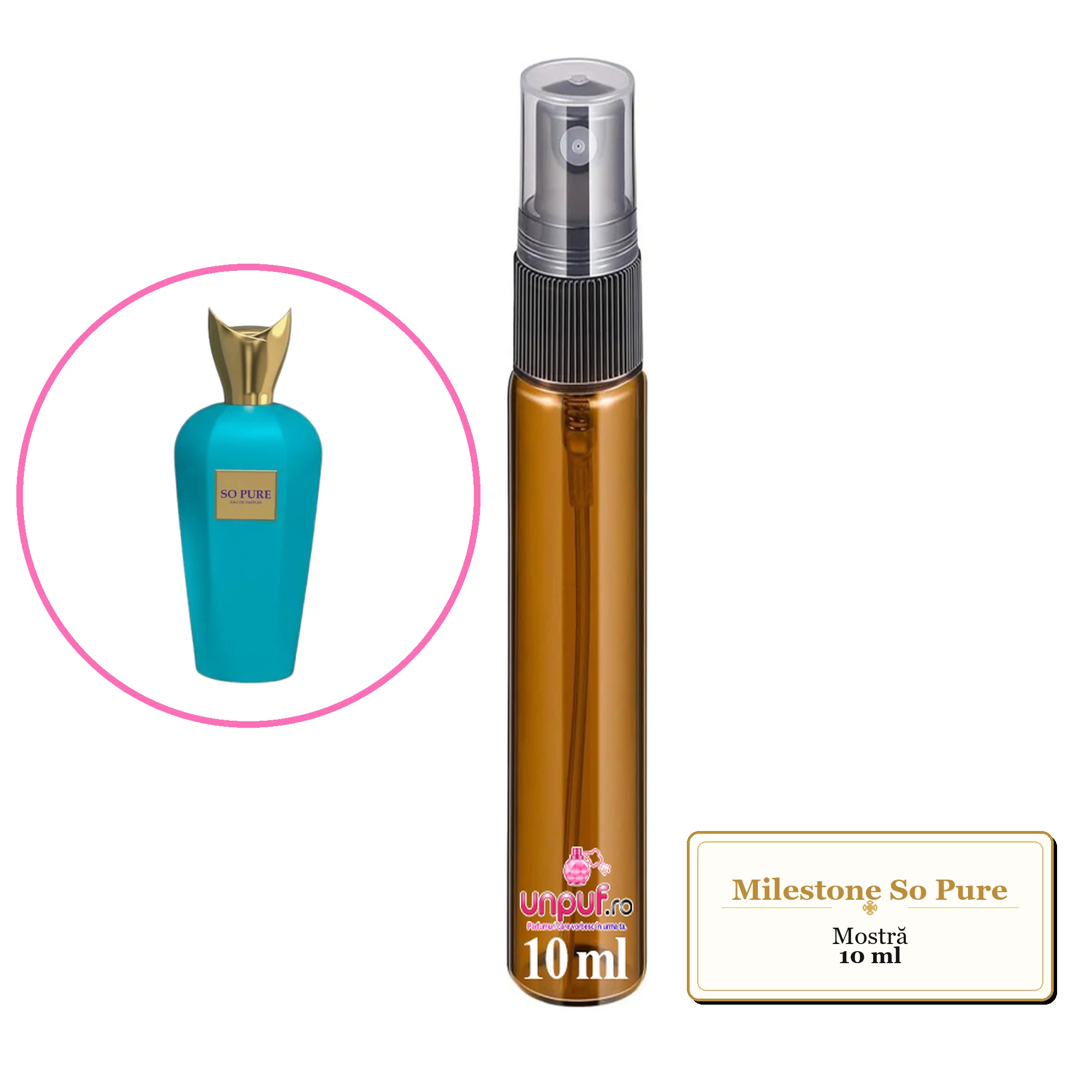 Mostra fiola din Parfumul Milestone So Pure, decant sticla cu pulverizator 