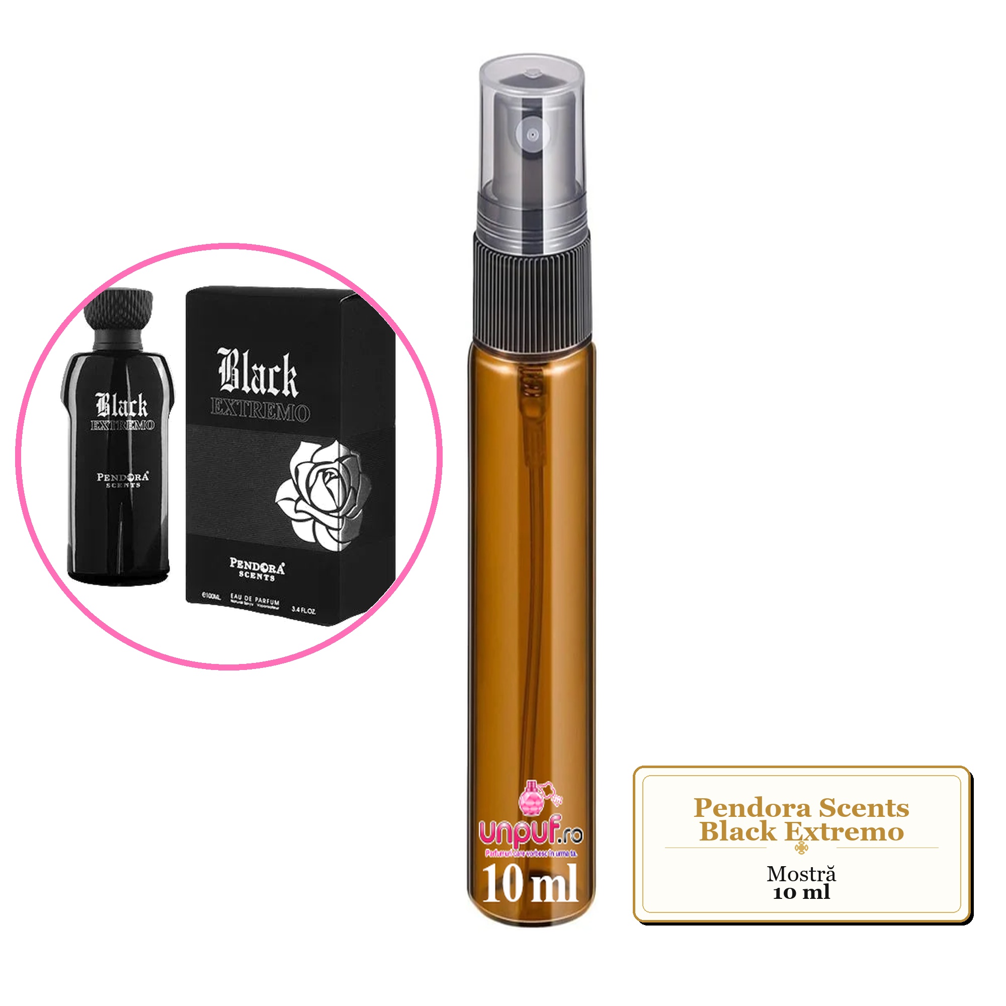 Mostra fiola din Parfumul Pendora Scents Black Extremo, decant sticla cu pulverizator