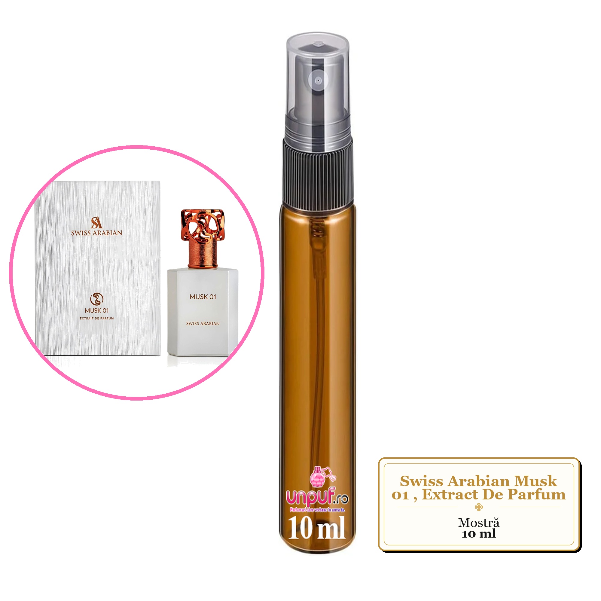 Mostra fiola din Parfumul Swiss Arabian Musk 01, Extract De Parfum, decant sticla cu pulverizator