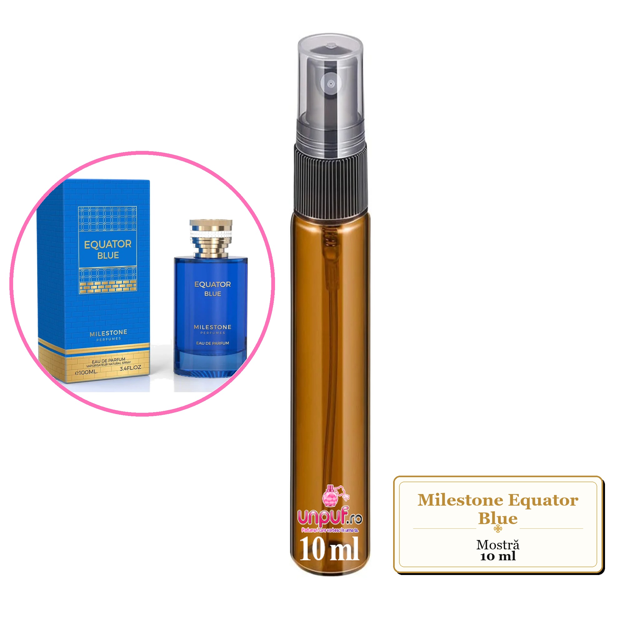 Mostra fiola din Parfumul Milestone Equator Blue, decant sticla cu pulverizator 