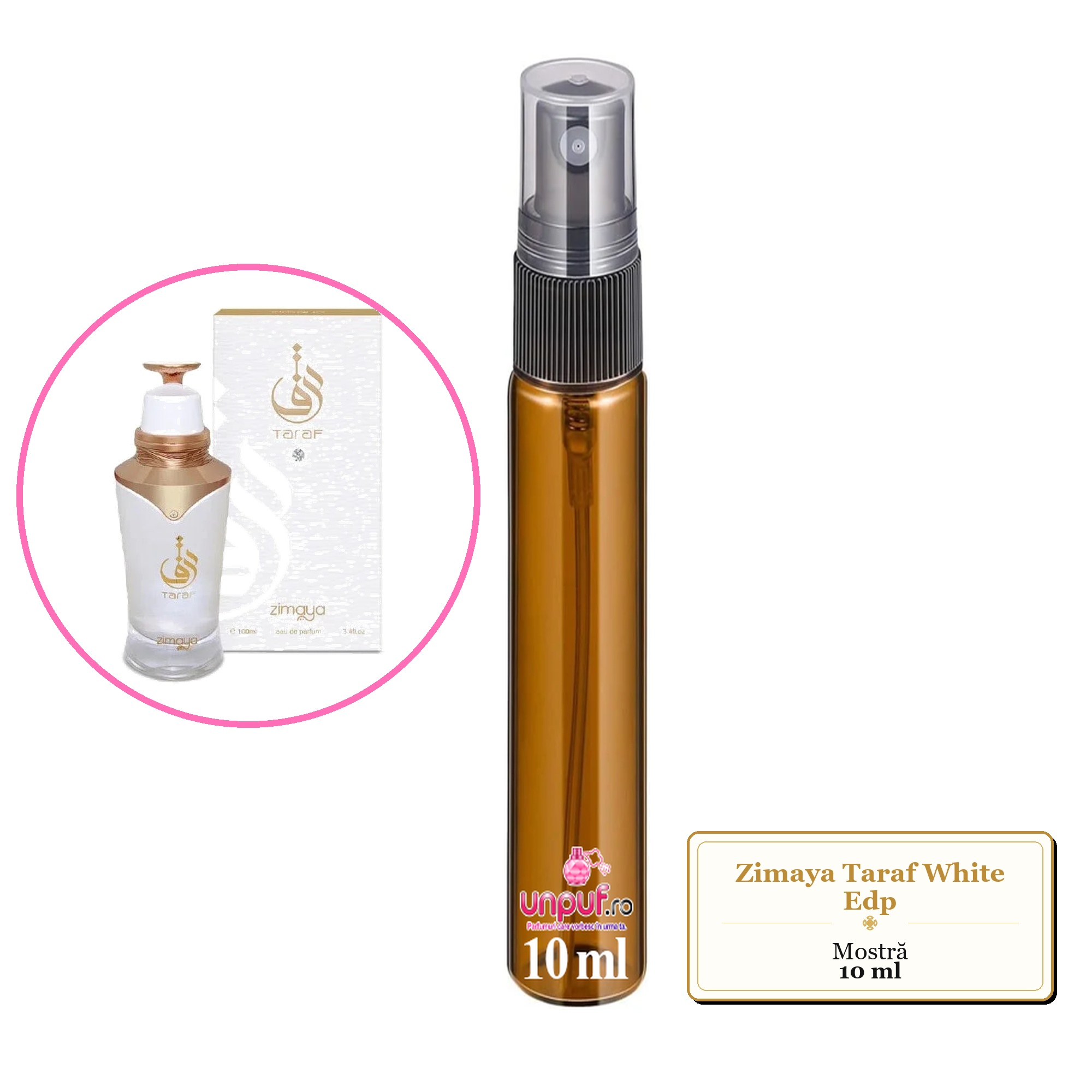 Mostra fiola din Parfumul Zimaya Taraf White Edp, decant sticla cu pulverizator 