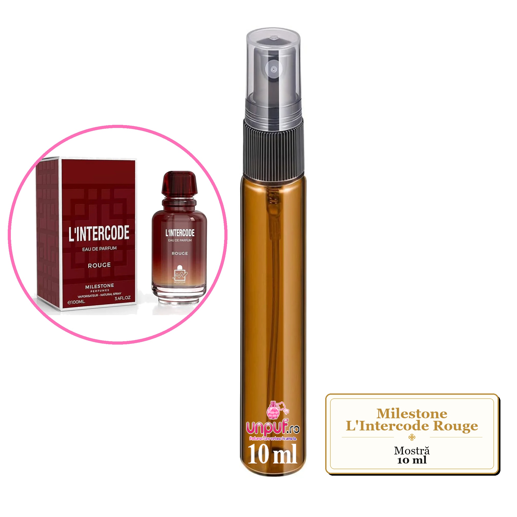 Mostra fiola din Parfumul Milestone L'Intercode Rouge, decant sticla cu pulverizator