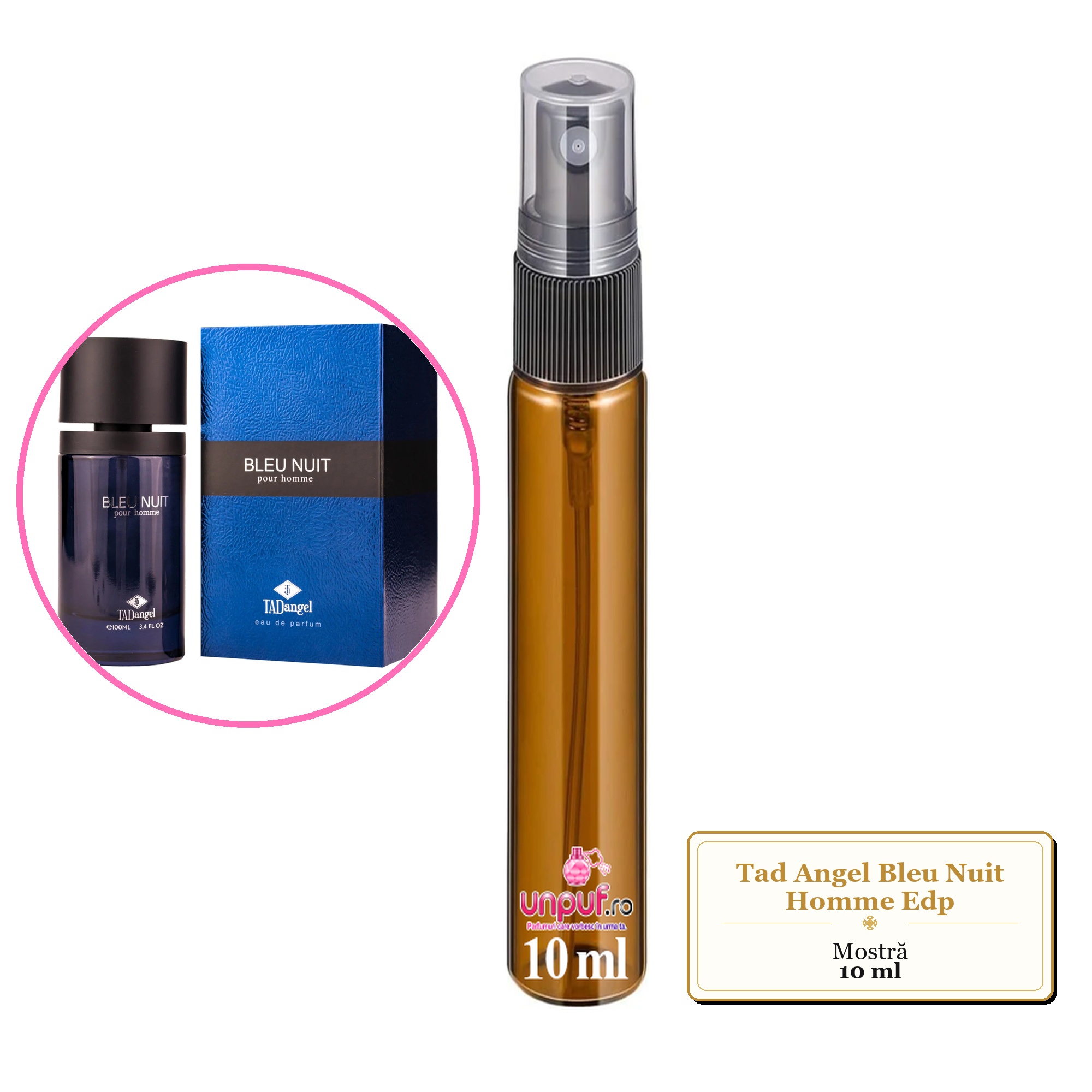 Mostra fiola din Parfumul Tad Angel Bleu Nuit Homme Edp, decant sticla cu pulverizator 