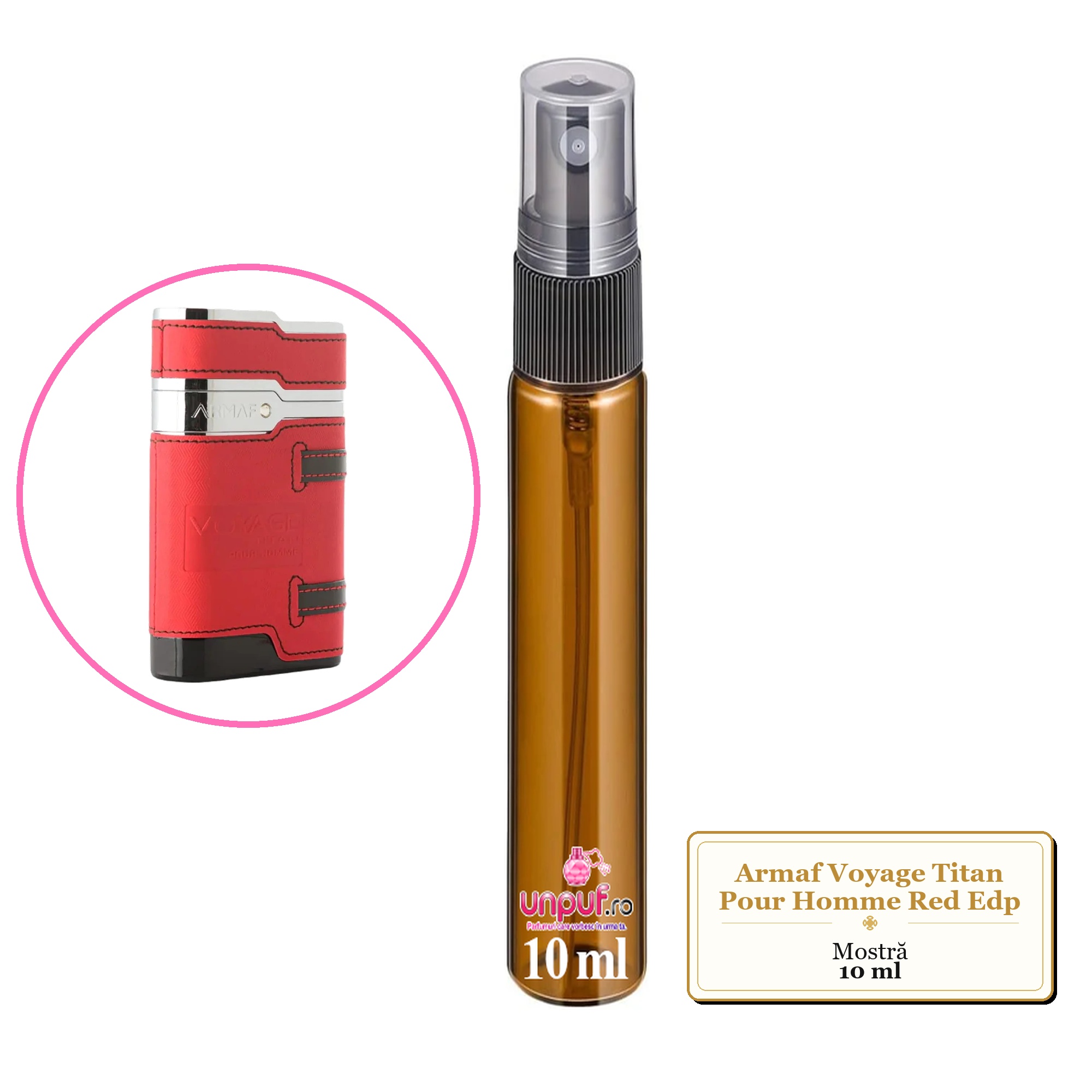 Mostra fiola din Parfumul Armaf Voyage Titan Pour Homme Red Edp, decant sticla cu pulverizator 