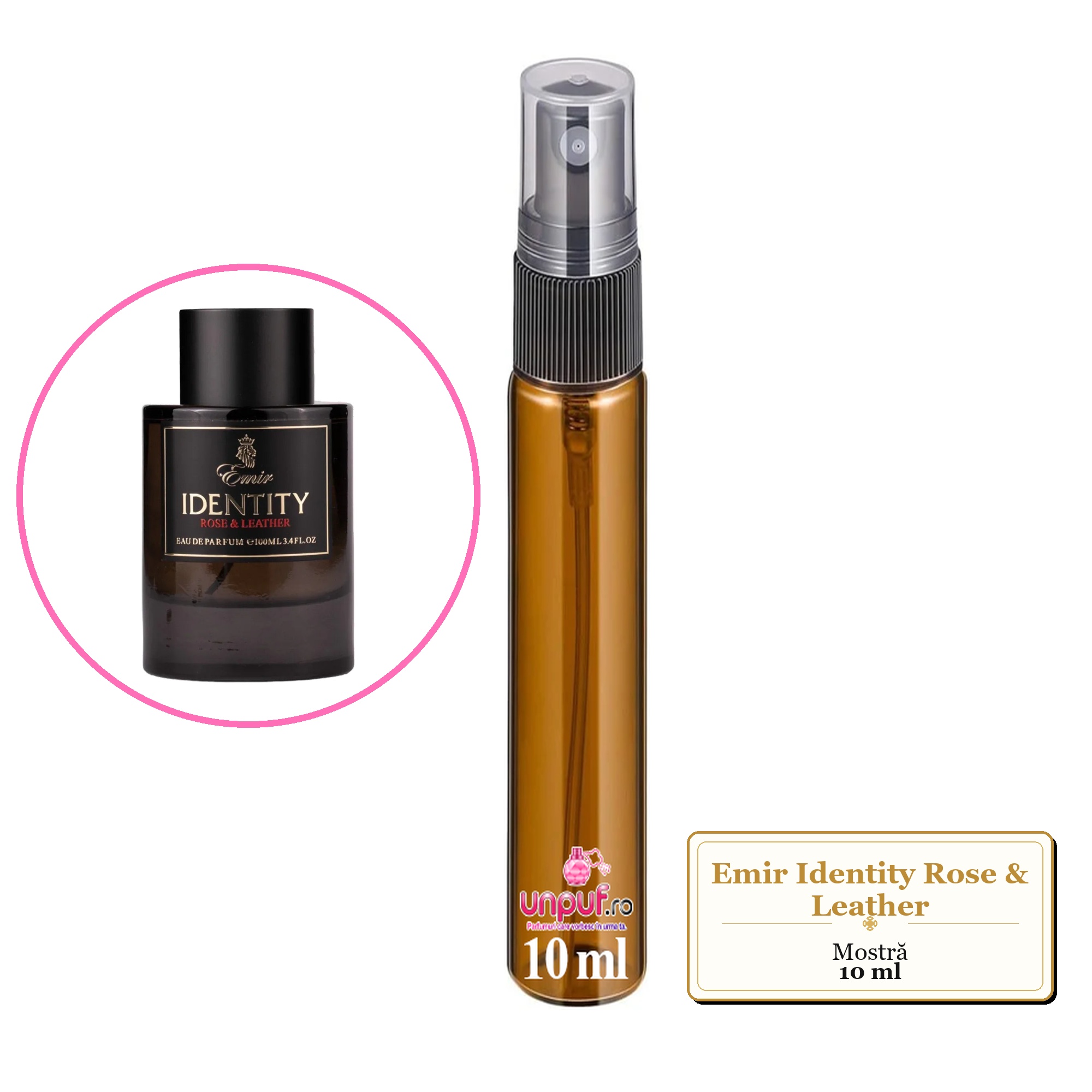 Mostra fiola din Parfumul Emir Identity Rose & Leather, decant sticla cu pulverizator 