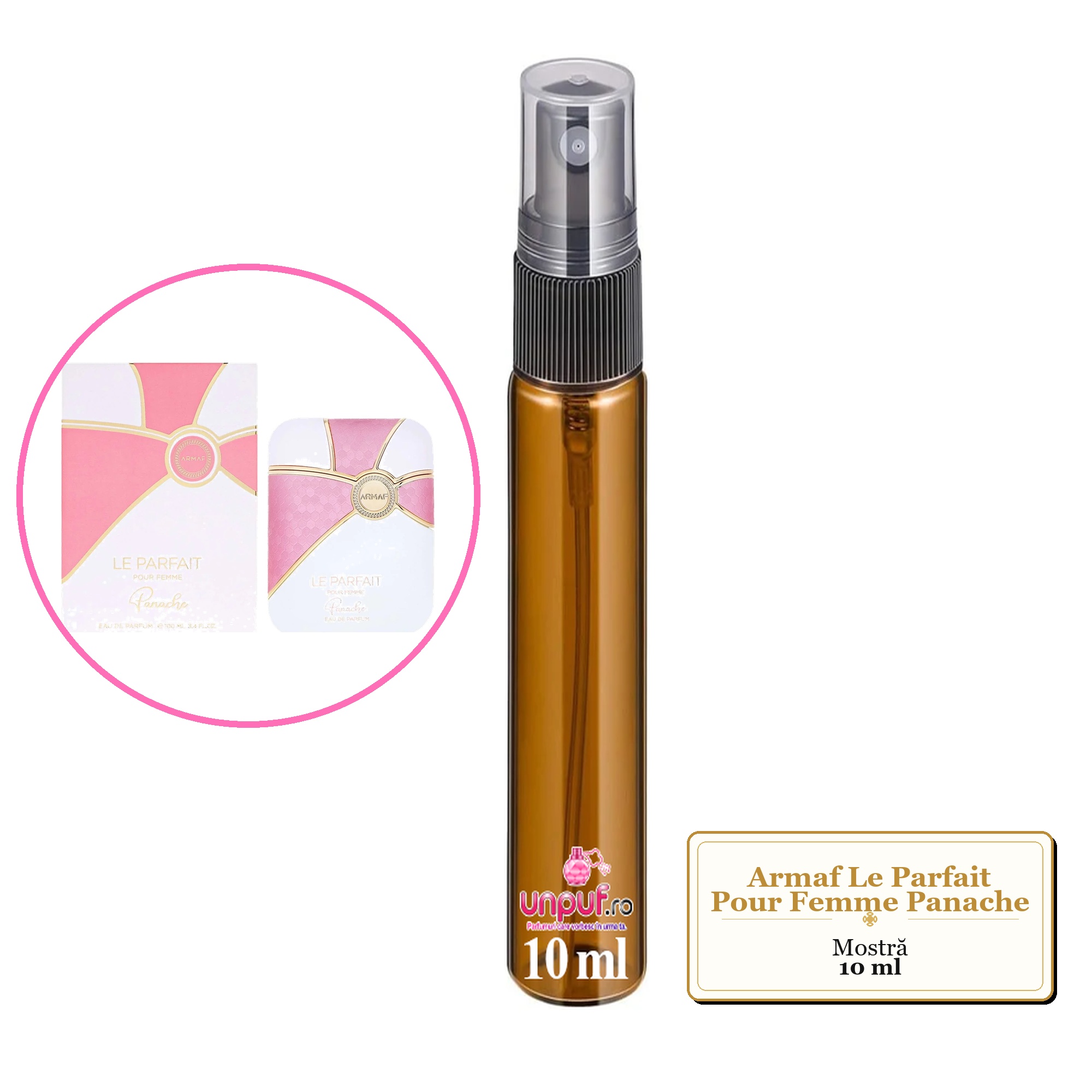 Mostra fiola din Parfumul Armaf Le Parfait Pour Femme Panache, decant sticla cu pulverizator 