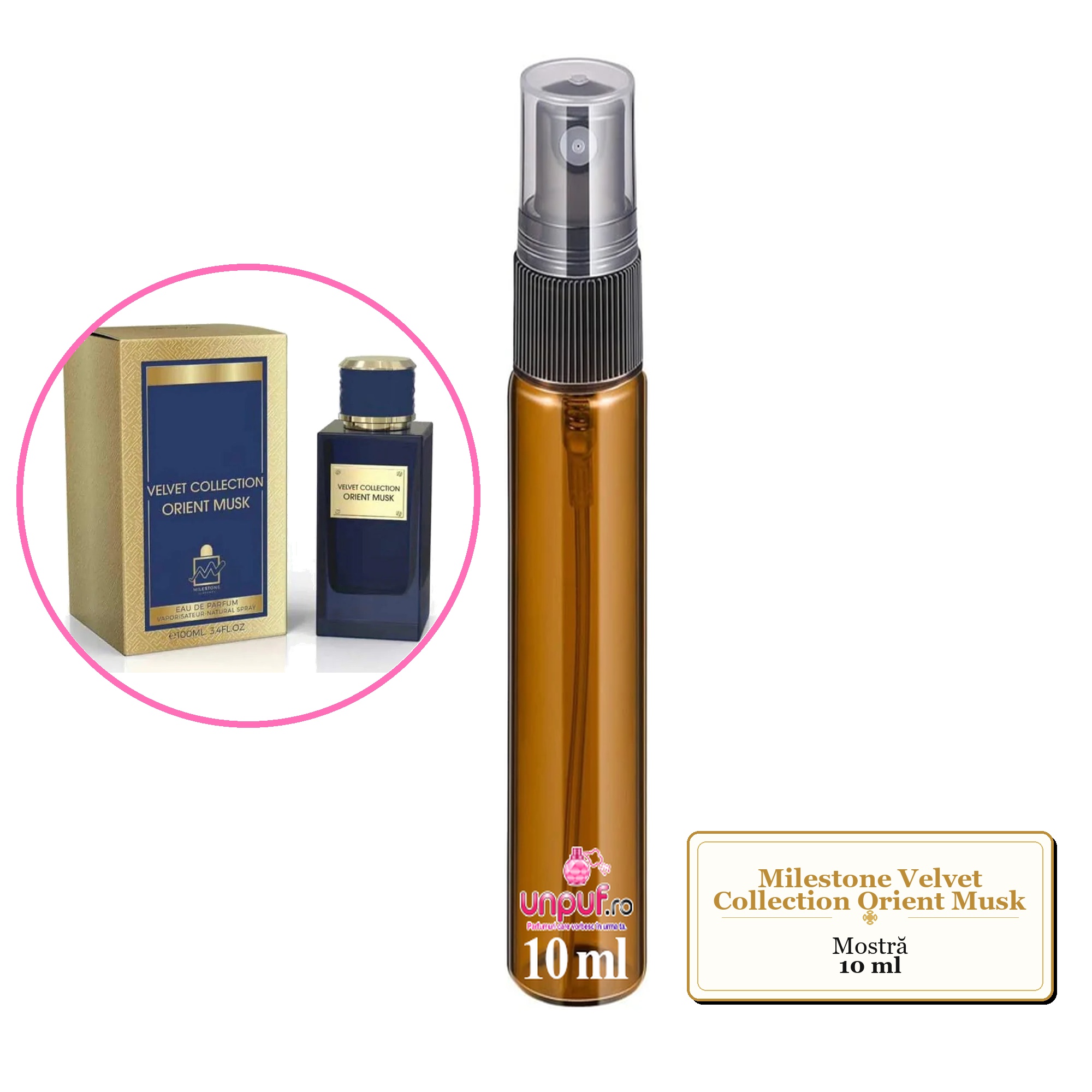 Mostra fiola din Parfumul Milestone Velvet Collection Orient Musk, decant sticla cu pulverizator