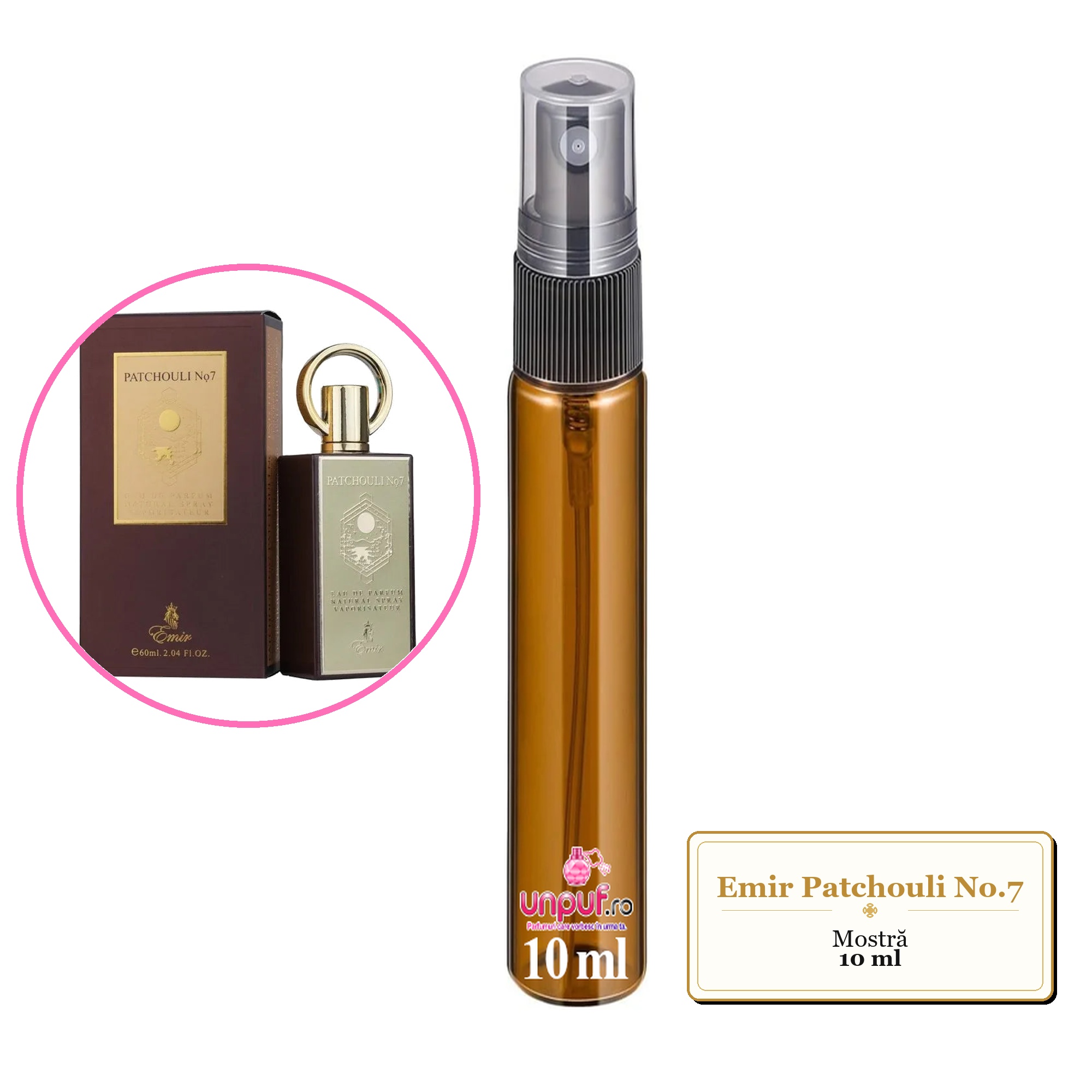 Mostra fiola din Parfumul Emir Patchouli No.7, decant sticla cu pulverizator 