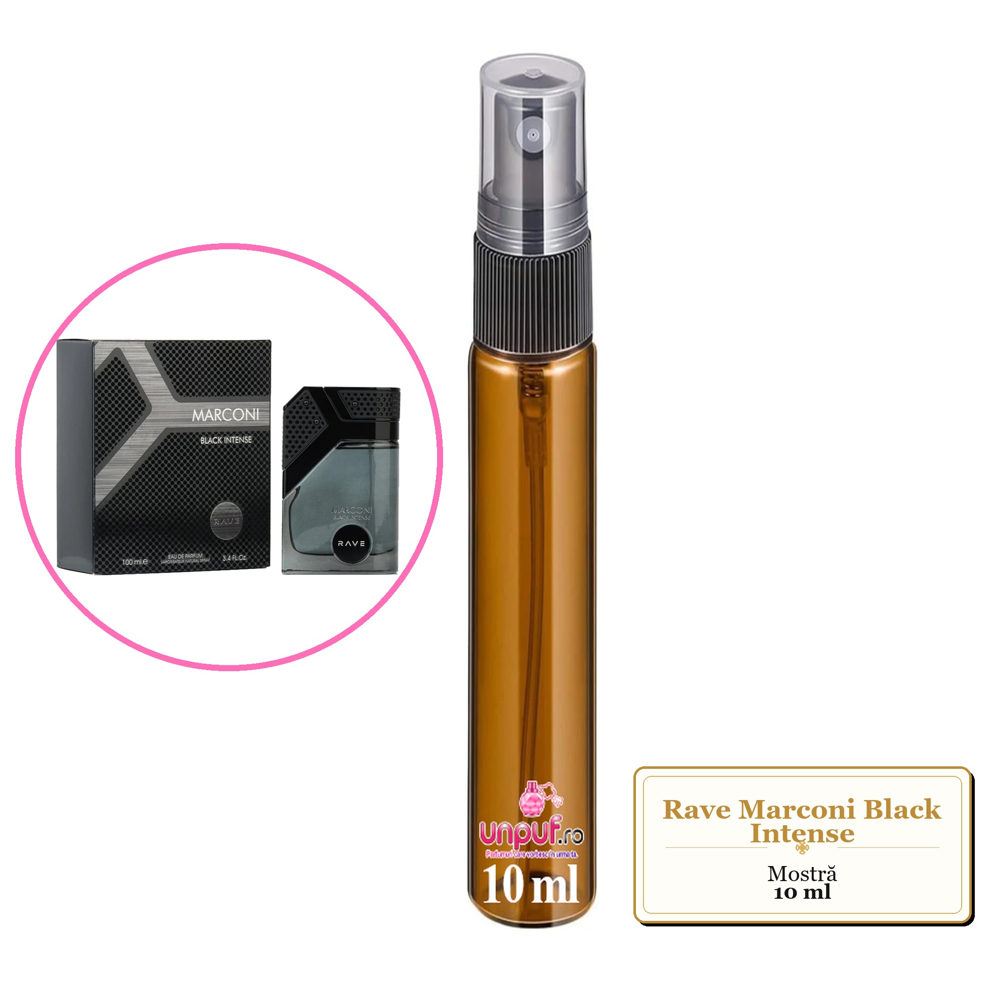 Mostra fiola din Parfumul Rave Marconi Black Intense, decant sticla cu pulverizator 