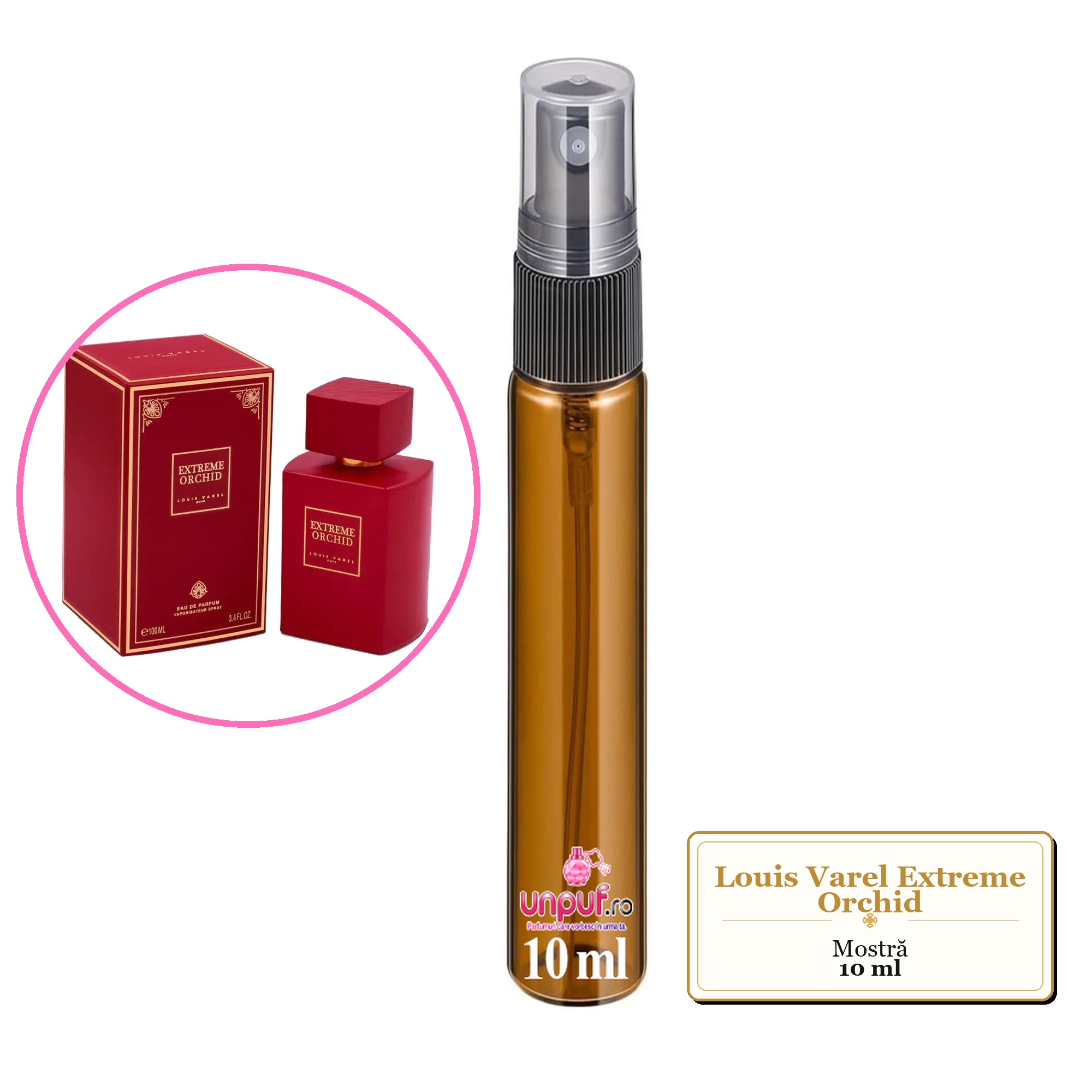 Mostra fiola din Parfumul Louis Varel Extreme Orchid, decant sticla cu pulverizator 