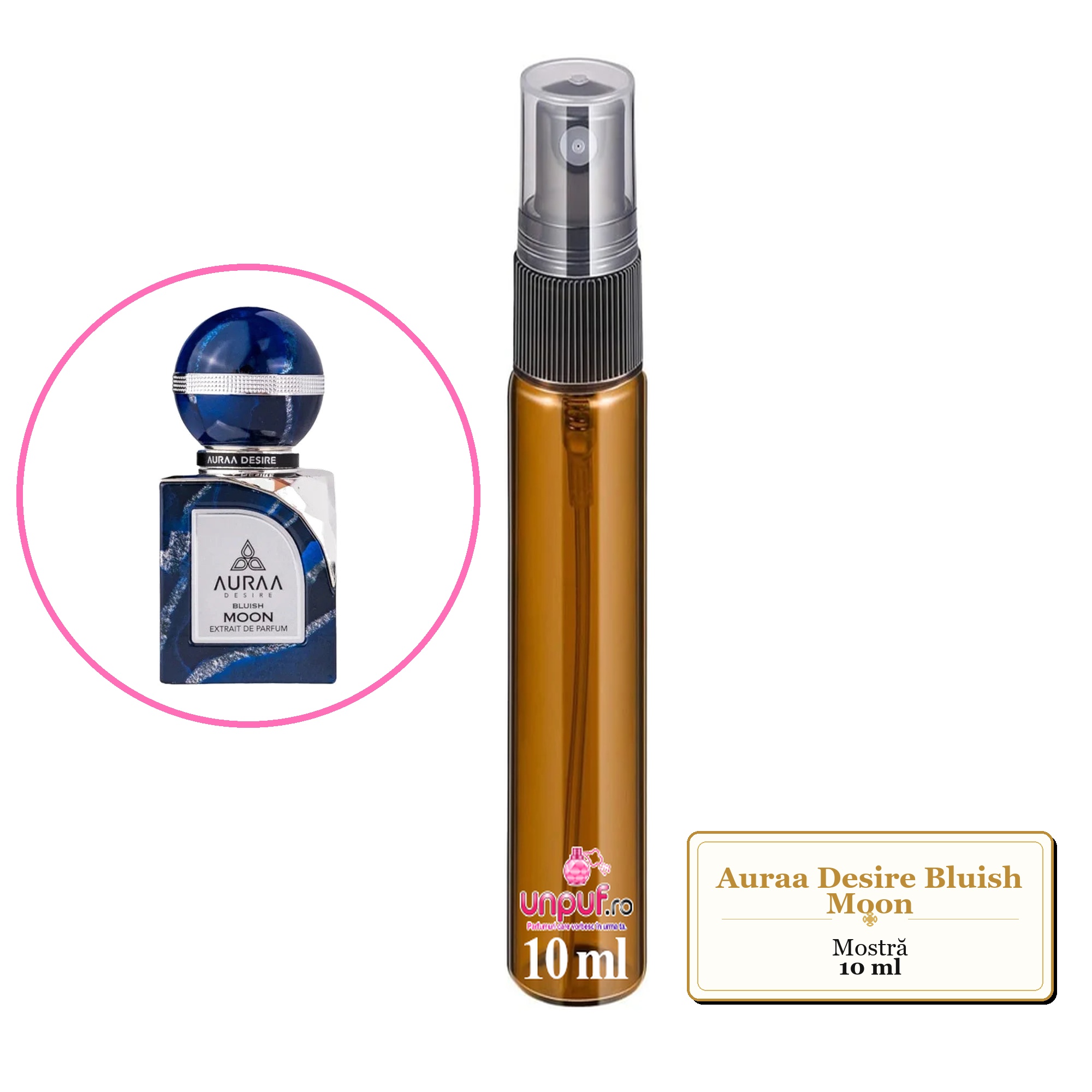Mostra fiola din Parfumul Auraa Desire Bluish Moon, decant sticla cu pulverizator 