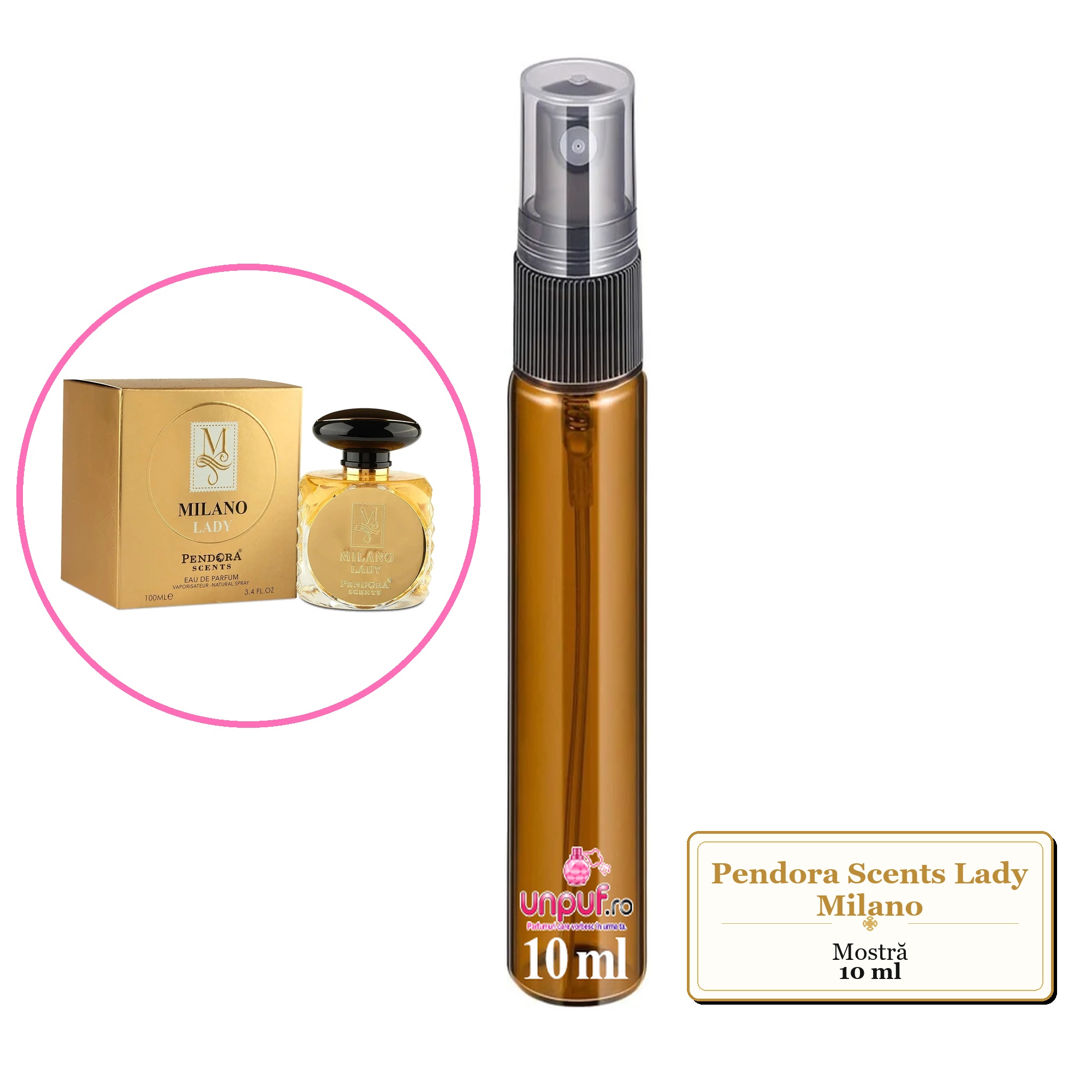 Mostra fiola din Parfumul Pendora Scents Lady Milano, decant sticla cu pulverizator 