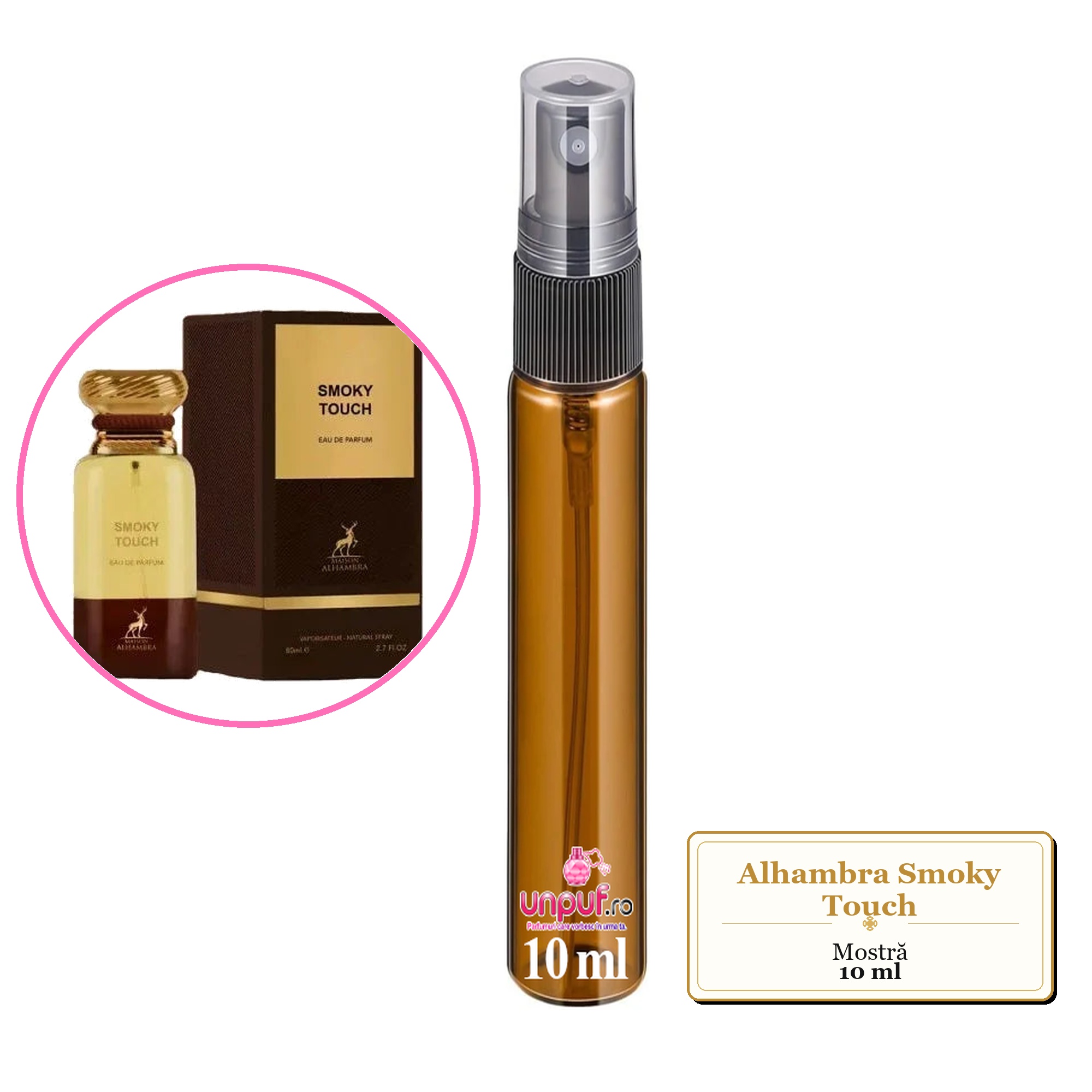 Mostra fiola din Parfumul Alhambra Smoky Touch, decant sticla cu pulverizator