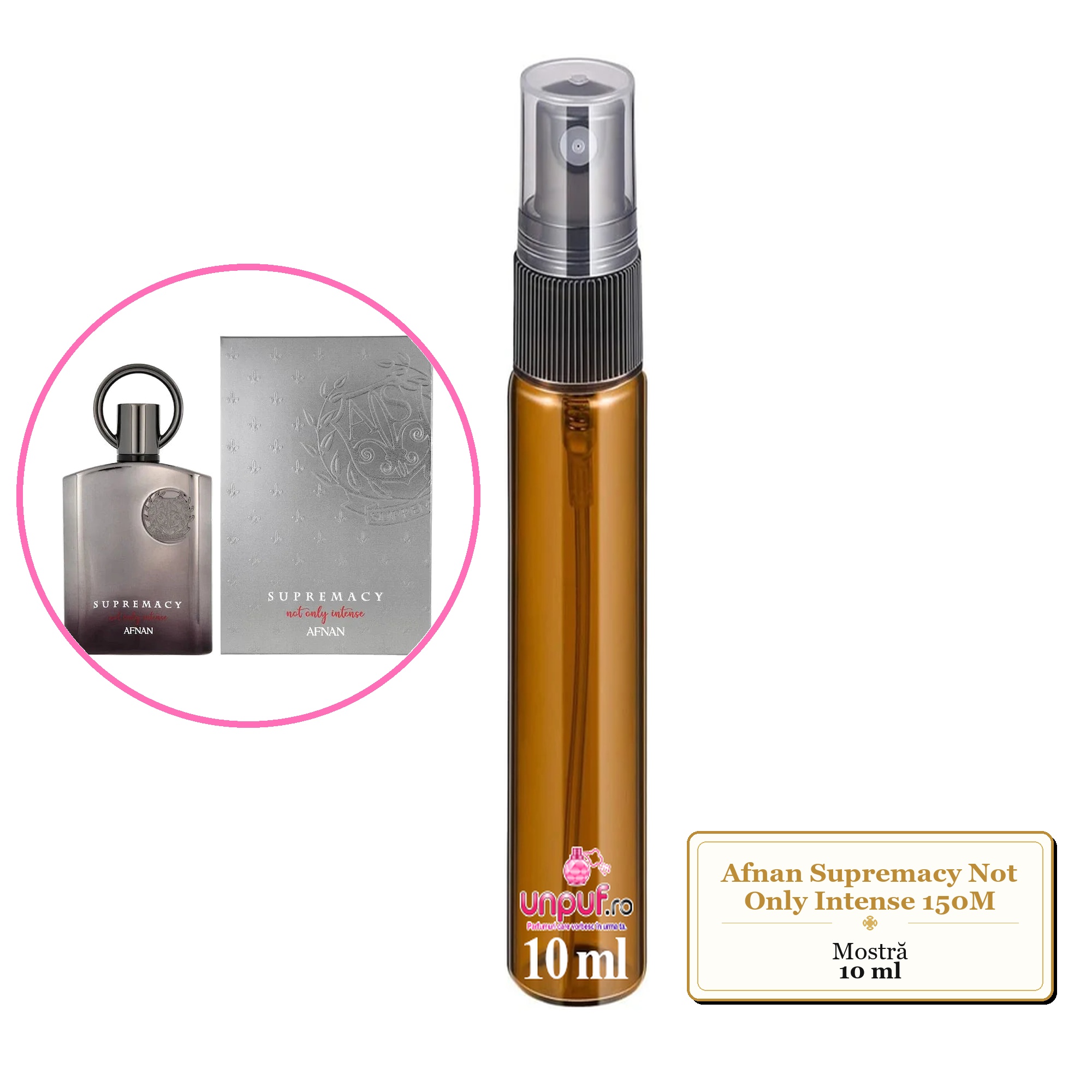 Mostra fiola din Parfumul Afnan Supremacy Not Only Intense 150M, decant sticla cu pulverizator 