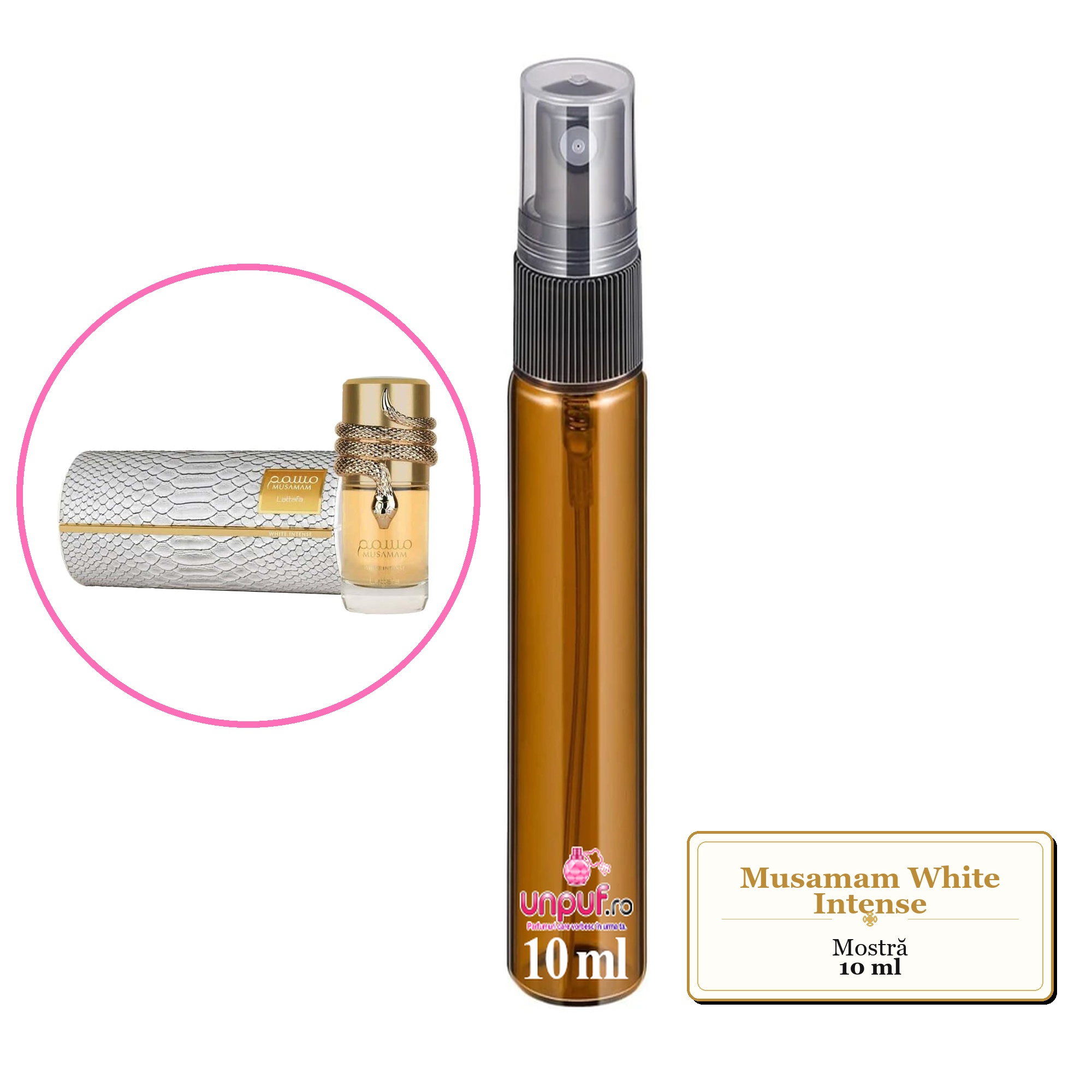 Mostra fiola din Parfumul Musamam White Intense, decant sticla cu pulverizator 