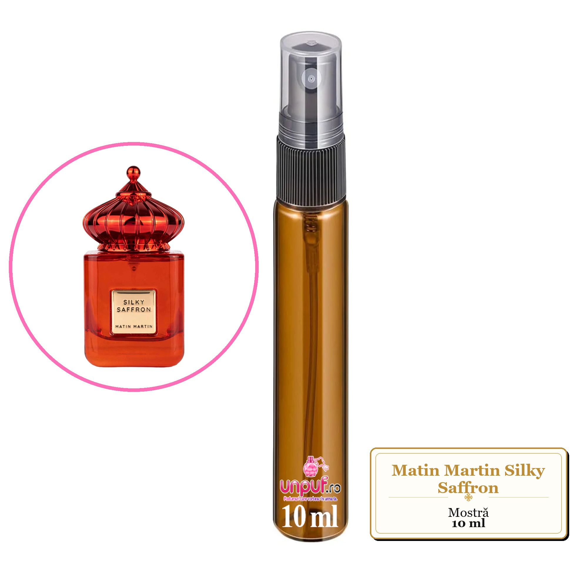 Mostra fiola din Parfumul Matin Martin Silky Saffron, decant sticla cu pulverizator 