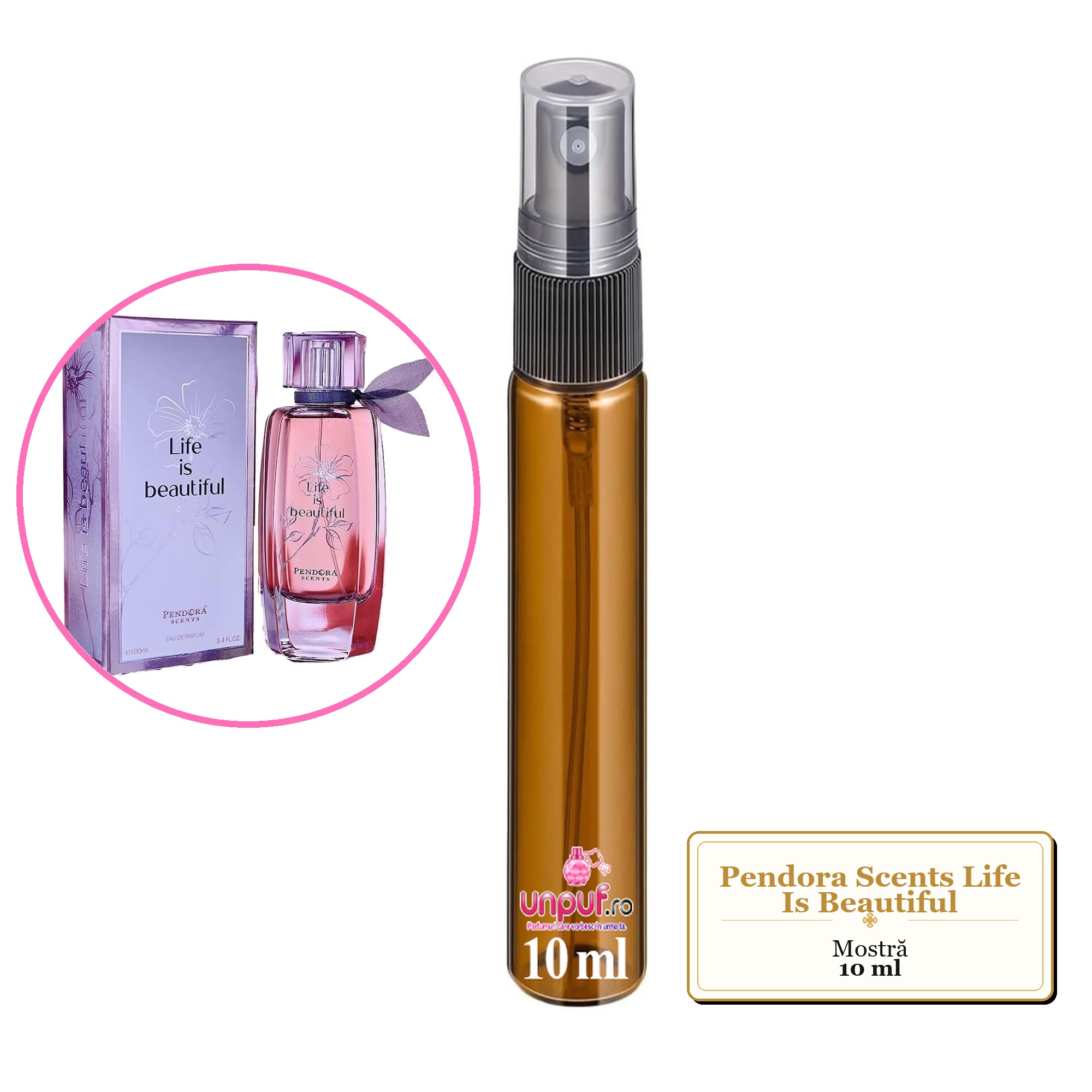 Mostra fiola din Parfumul Pendora Scents Life Is Beautiful, decant sticla cu pulverizator 