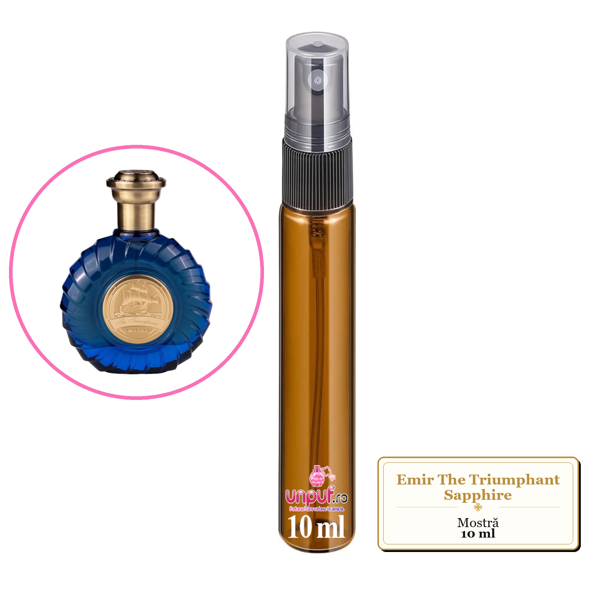 Mostra fiola din Parfumul Emir The Triumphant Sapphire, decant sticla cu pulverizator 
