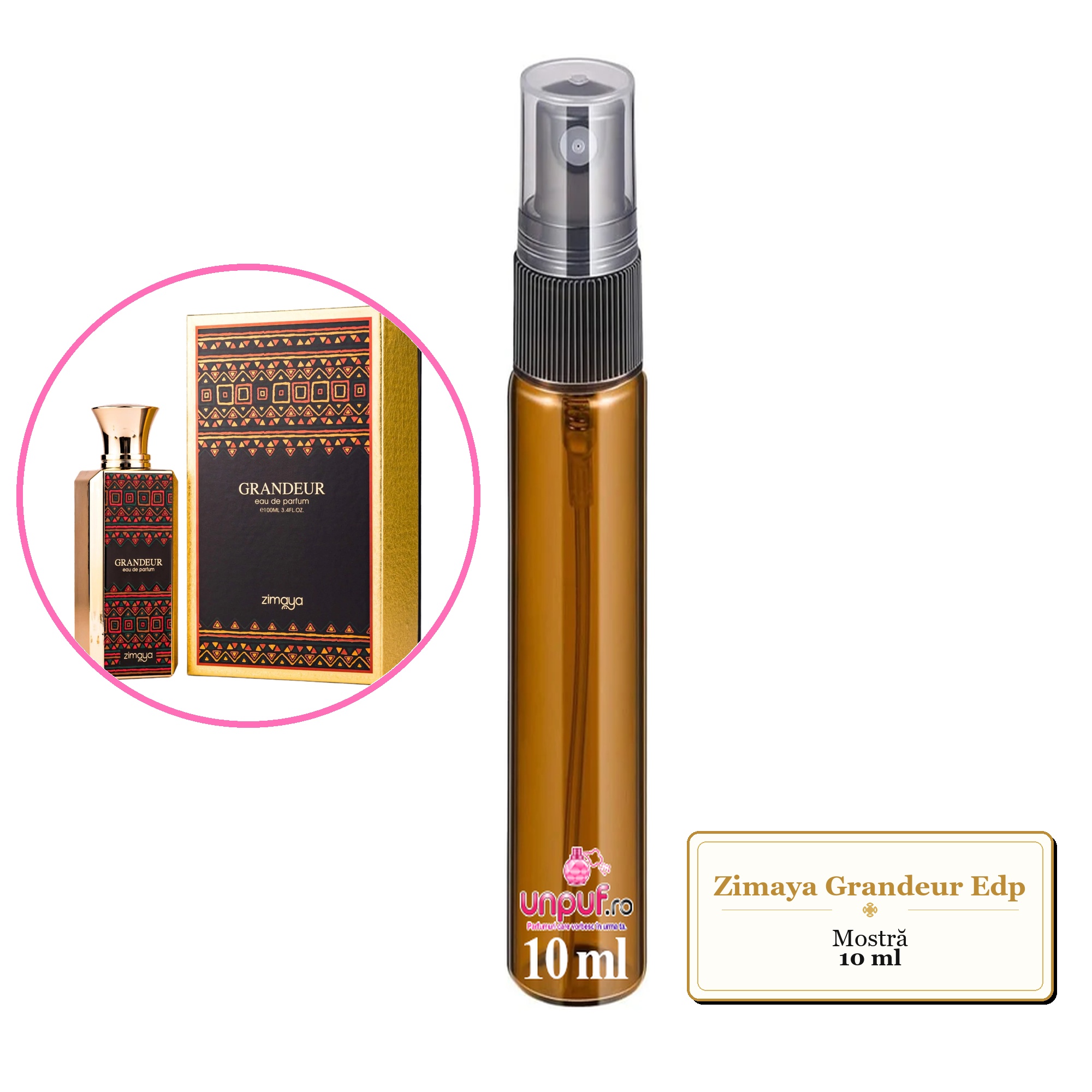Mostra fiola din Parfumul Zimaya Grandeur Edp, decant sticla cu pulverizator 