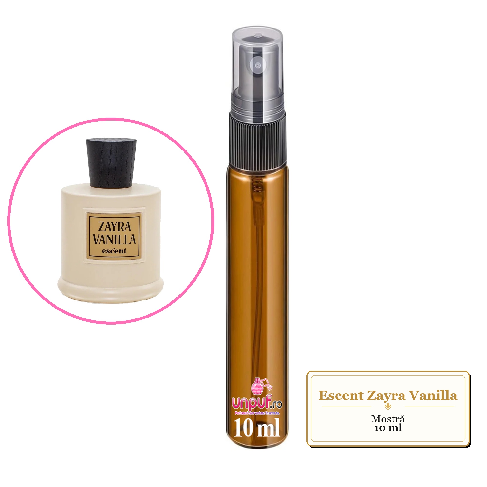 Mostra fiola din Parfumul Escent Zayra Vanilla, decant sticla cu pulverizator 
