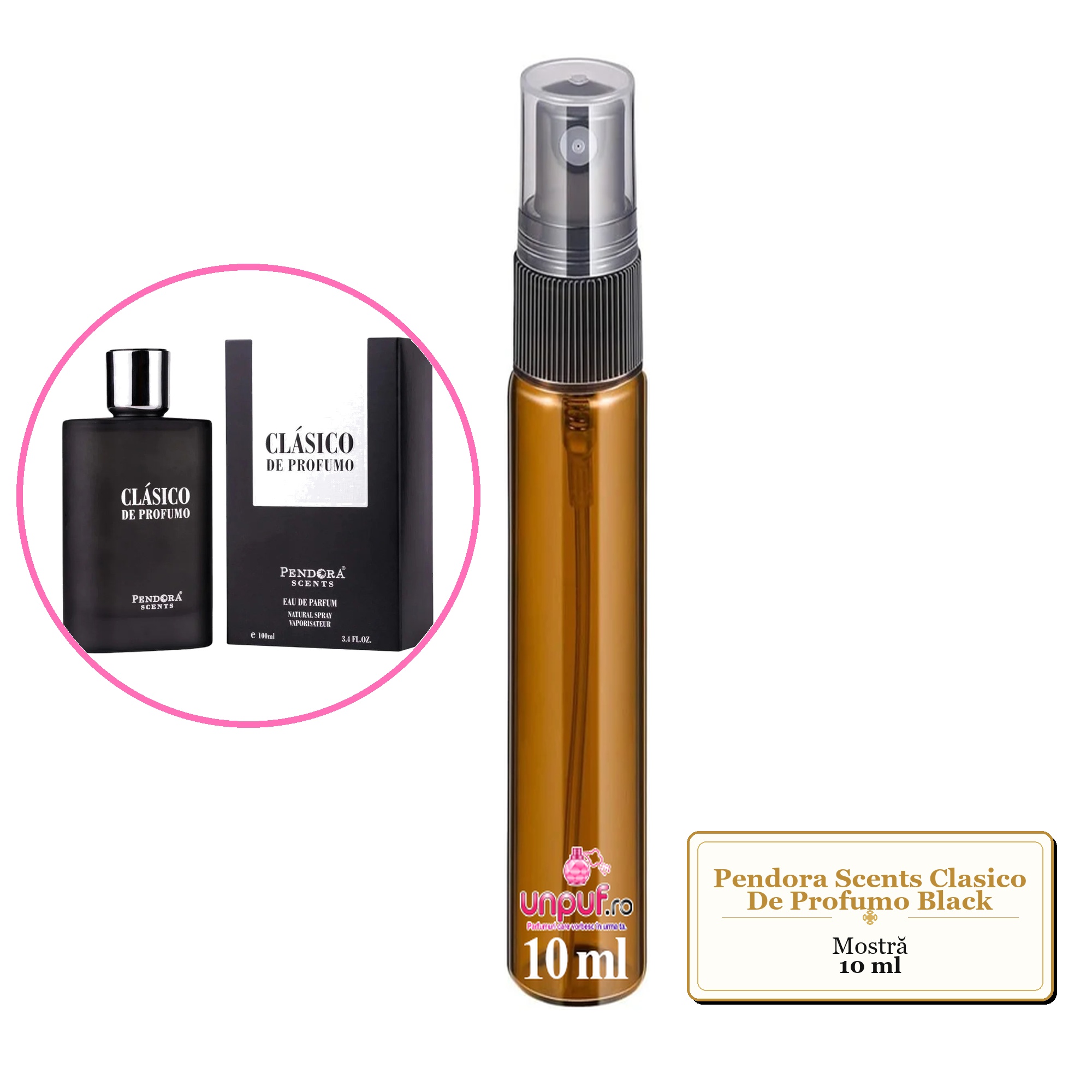 Mostra fiola din Parfumul Pendora Scents Clasico De Profumo Black, decant sticla cu pulverizator 