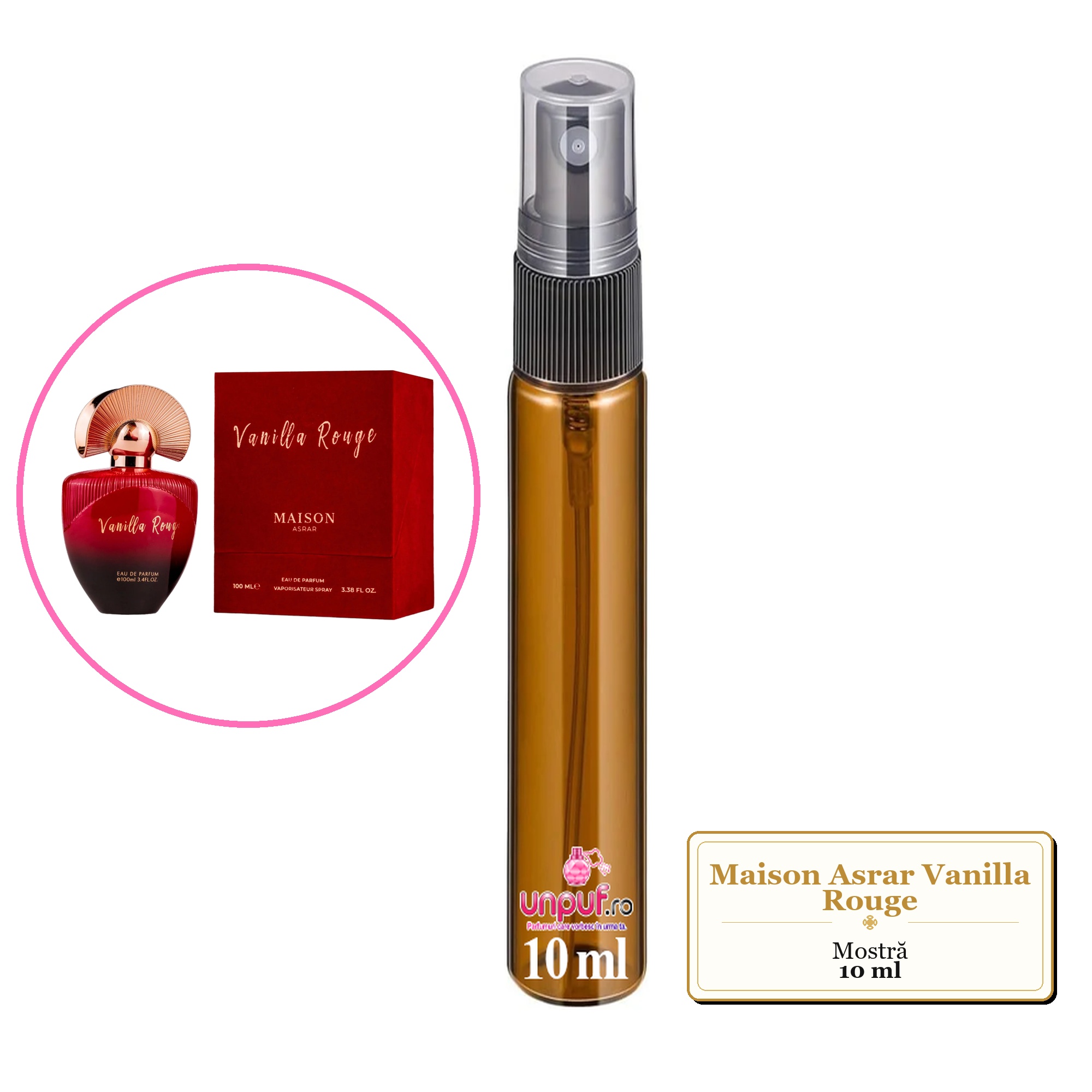 Mostra fiola din Parfumul Maison Asrar Vanilla Rouge, decant sticla cu pulverizator 