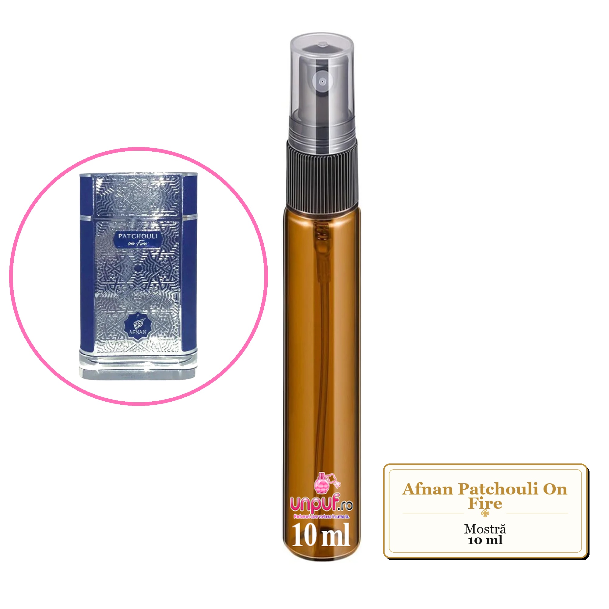 Mostra fiola din Parfumul Afnan Patchouli On Fire, decant sticla cu pulverizator 