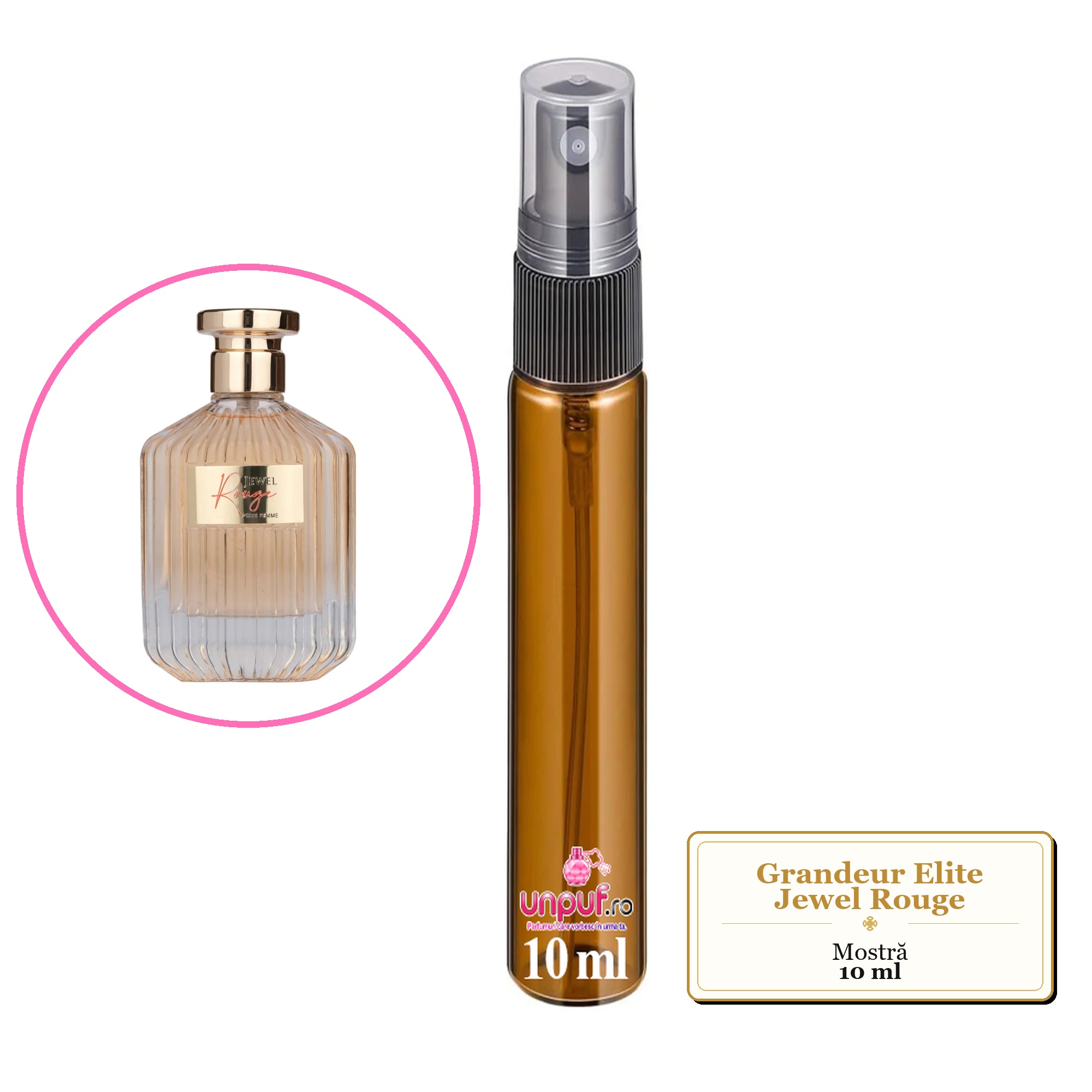 Mostra fiola din Parfumul Grandeur Elite Jewel Rouge, decant sticla cu pulverizator 
