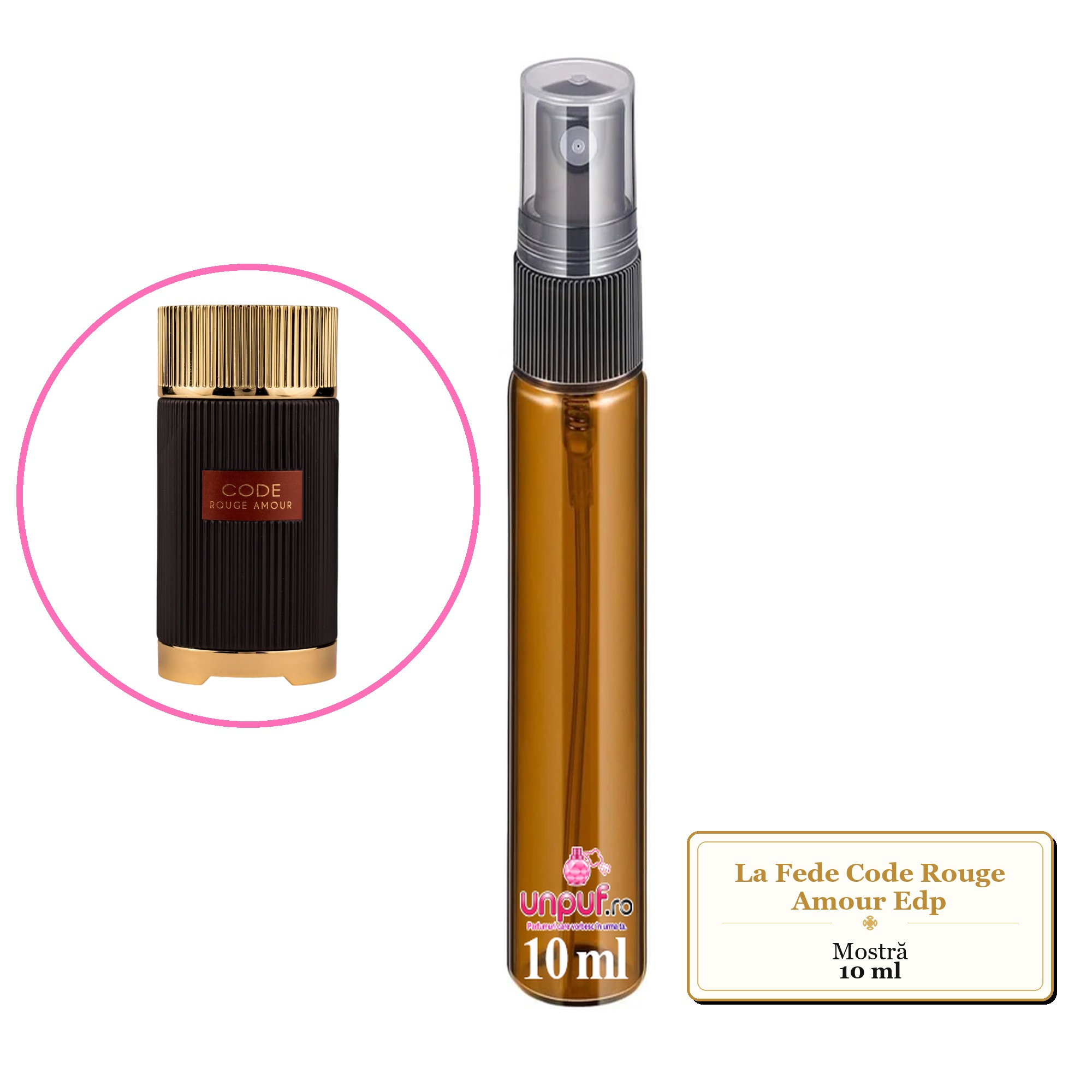Mostra fiola din Parfumul La Fede Code Rouge Amour Edp, decant sticla cu pulverizator 