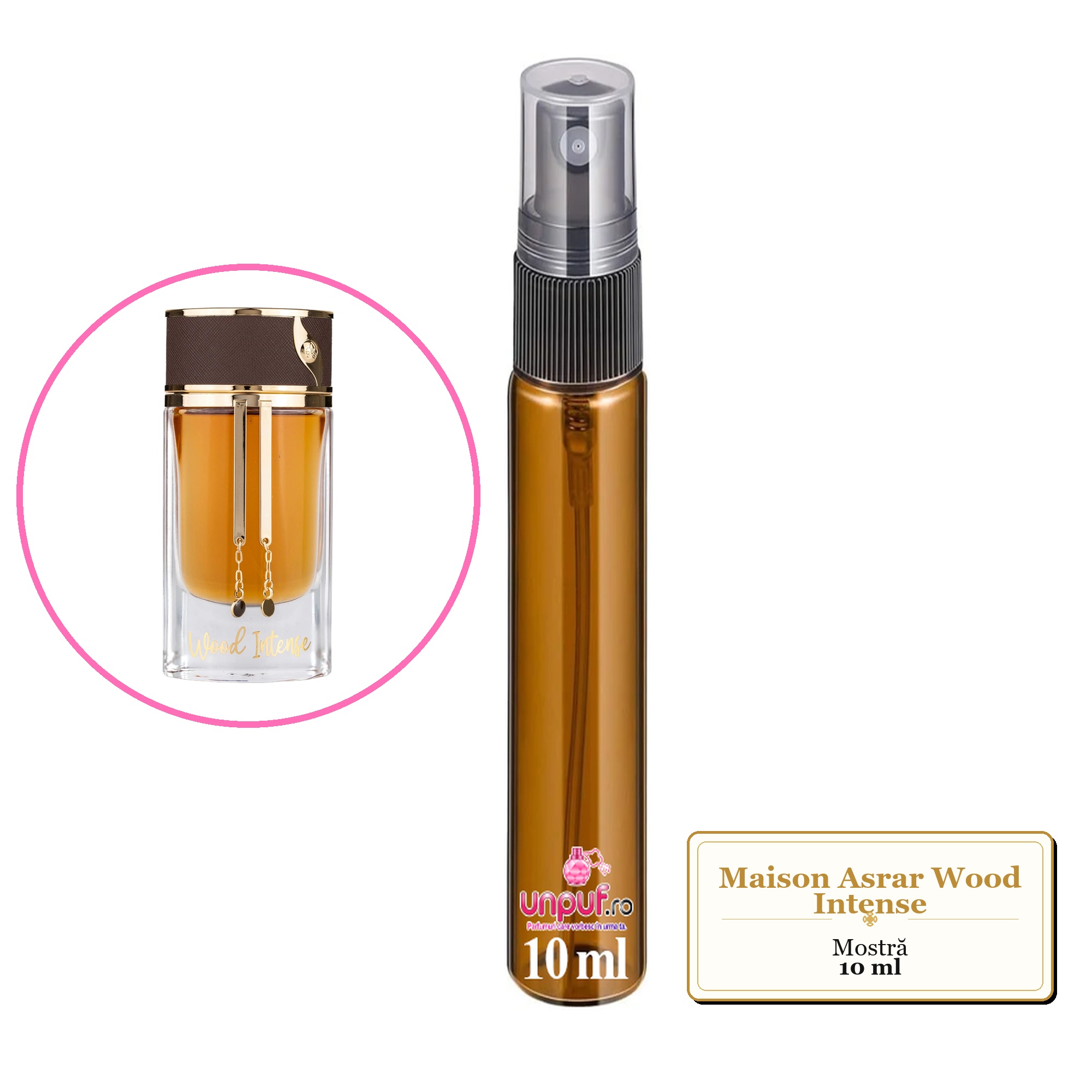 Mostra fiola din Parfumul Maison Asrar Wood Intense, decant sticla cu pulverizator 